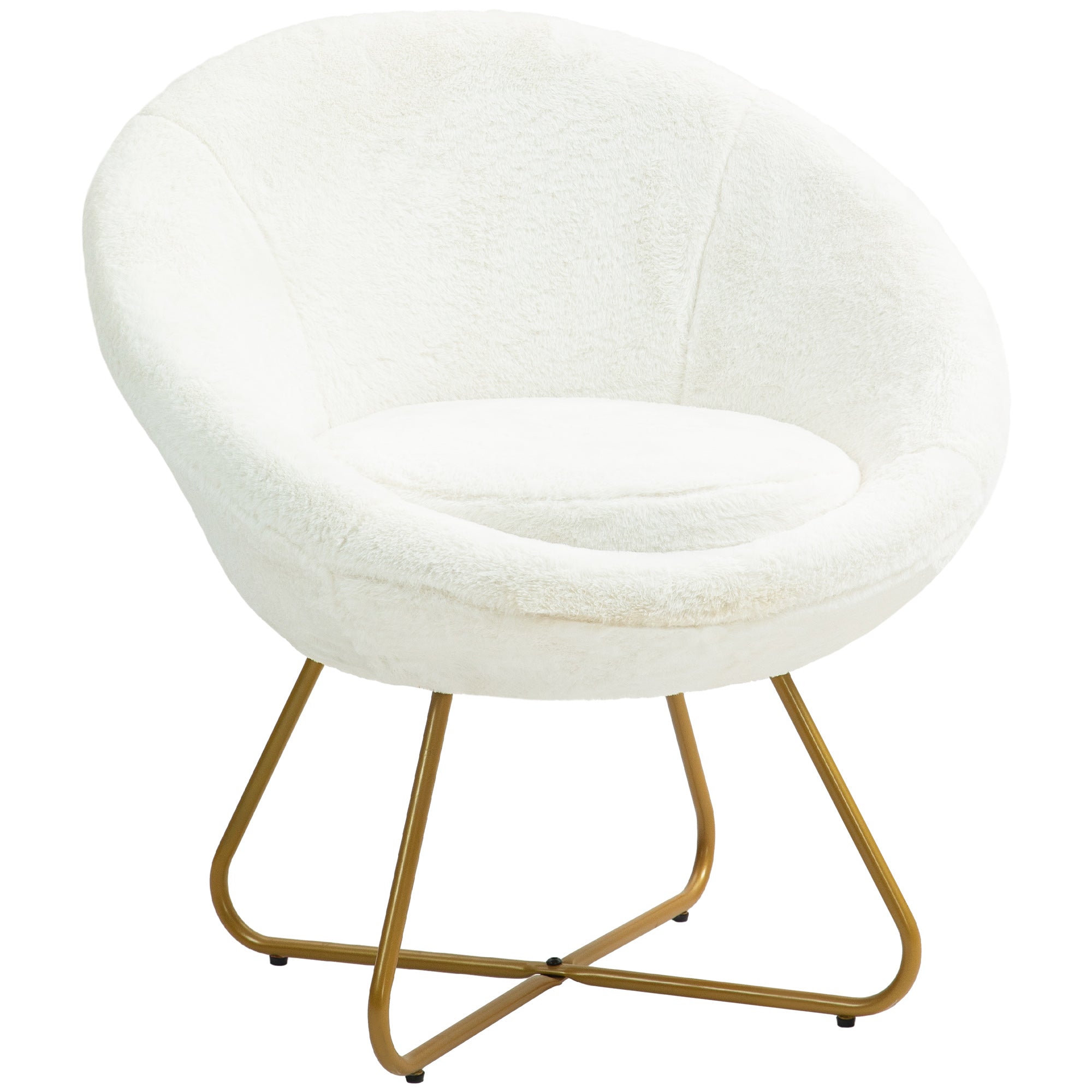 HOMCOM Faux Fur Accent Chair with Golden Metal Legs, Upholstered Comfy Chair with Non-Slip Footpads, Seat Cushion for Bedroom, Living Room and Office, White - North Peak Garden Furniture