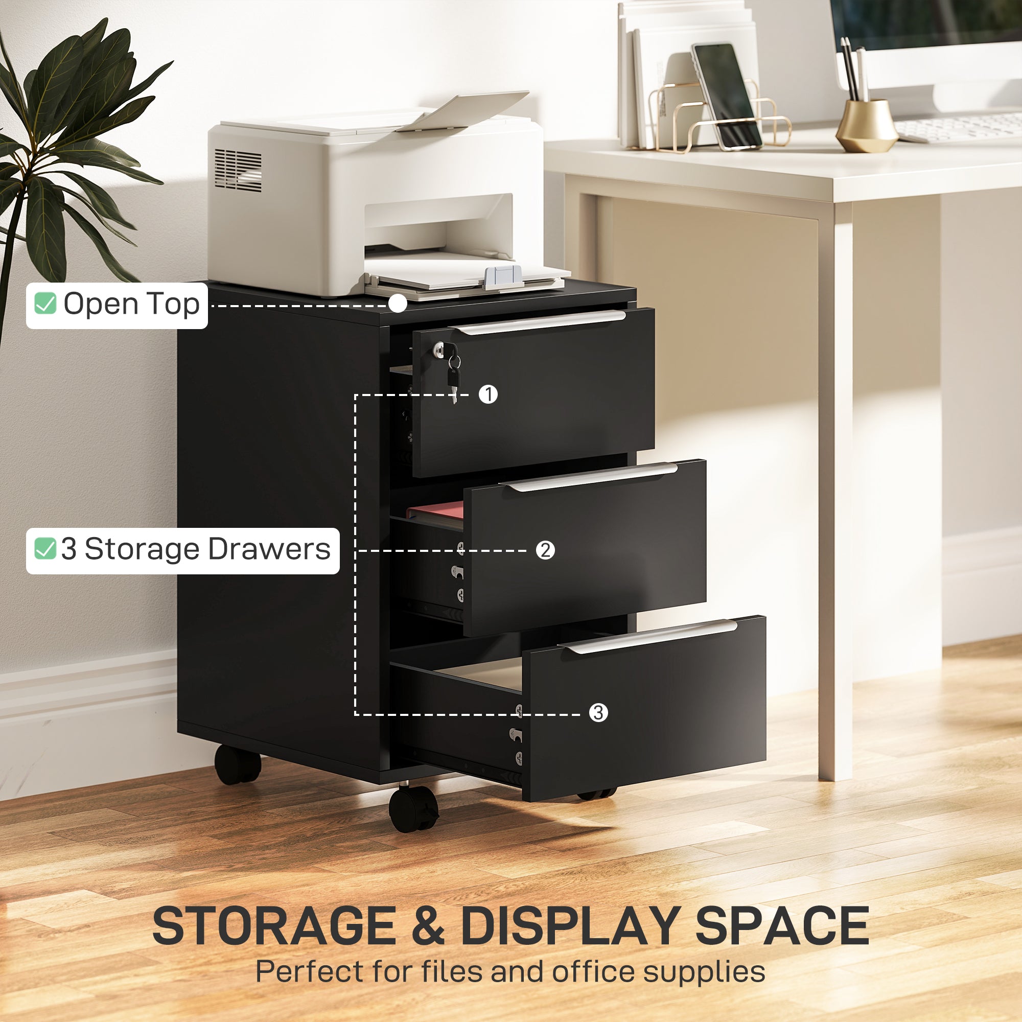 HOMCOM Three-Drawer Locking Filing Cabinet - Black - North Peak Garden Furniture