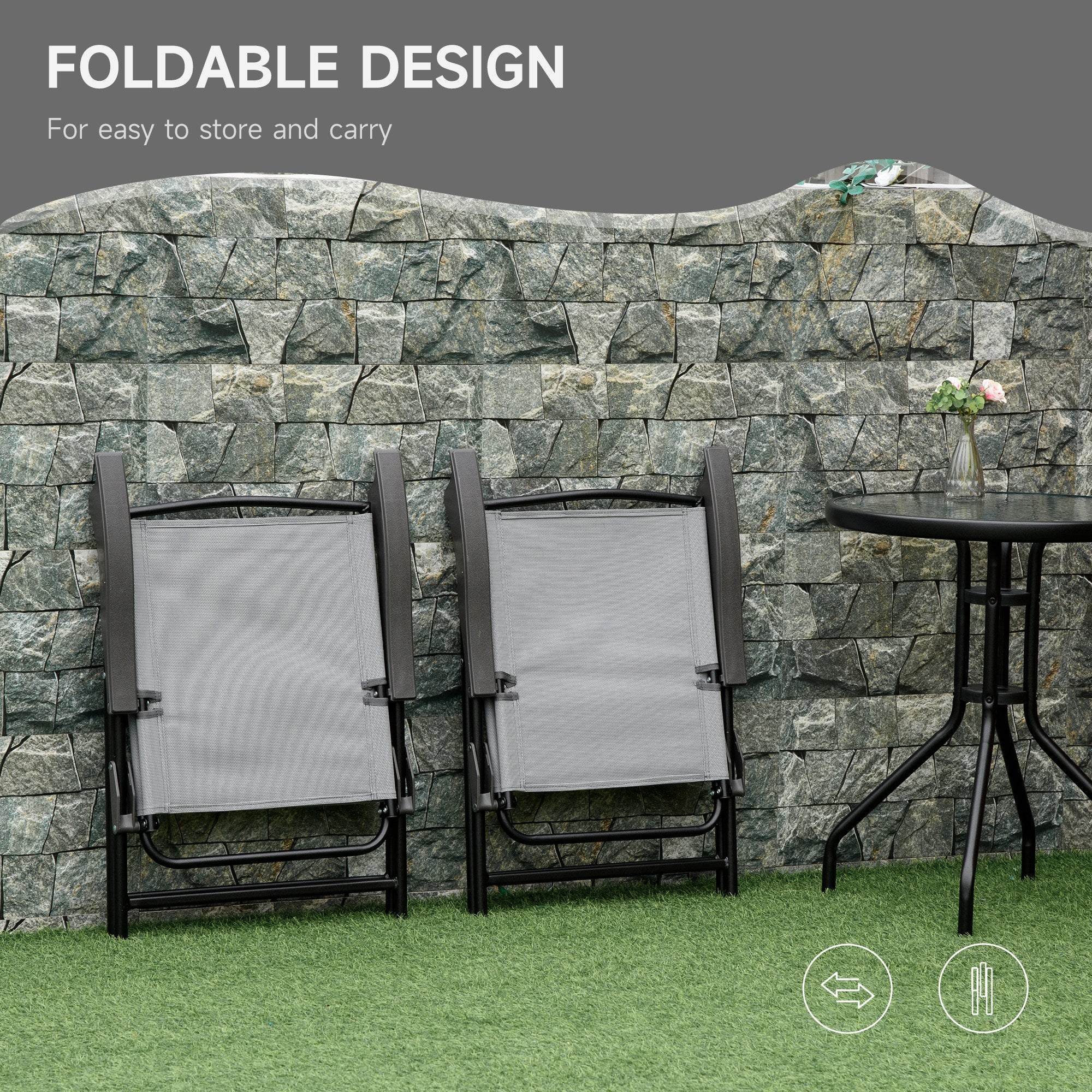 Outsunny 3 Piece Outdoor Bistro Set, Patio Conversation Furniture Set with 2 Folding Backrest Adjustable Armchairs and Glass Top Coffee Table, Grey - North Peak Garden Furniture