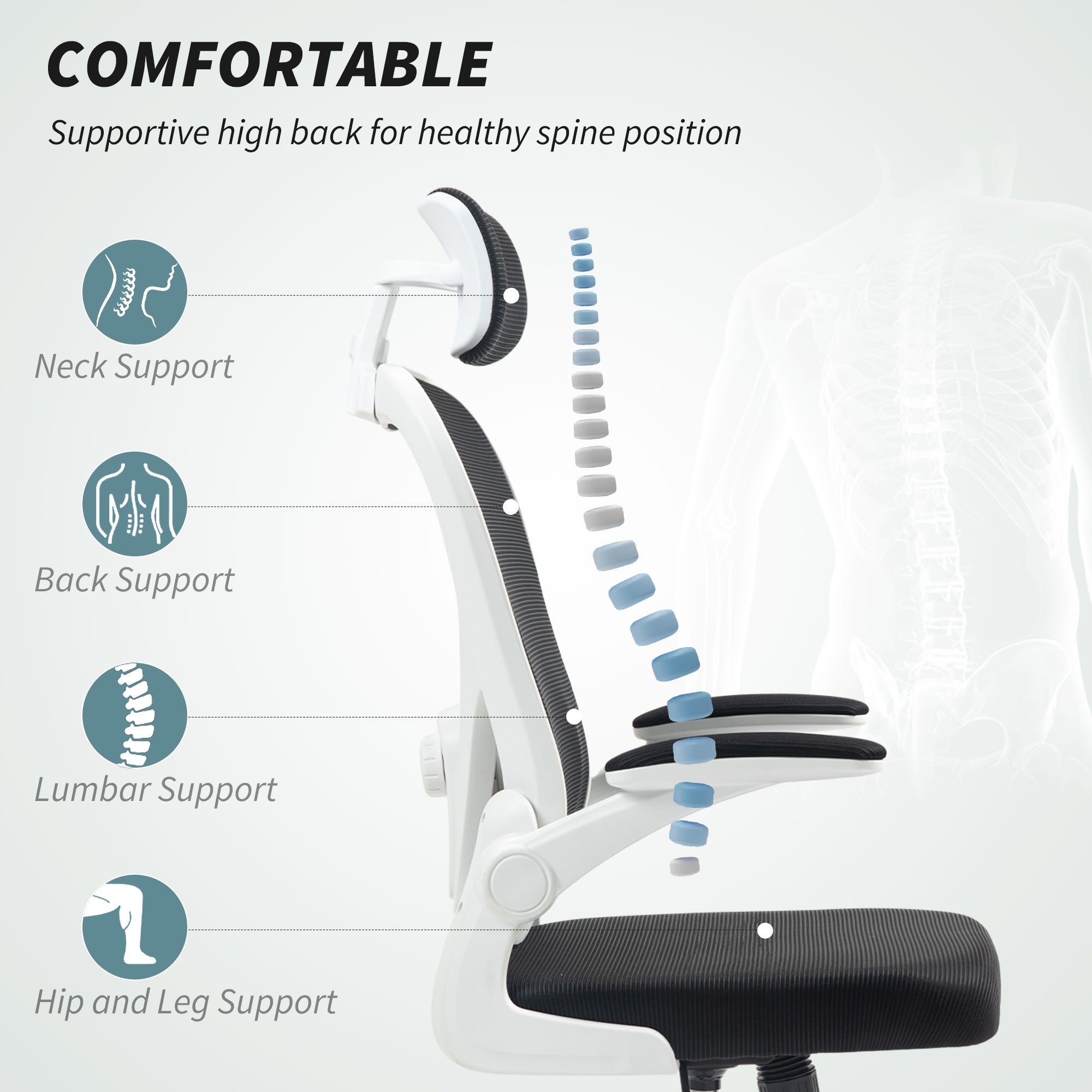 HOMCOM Executive Office Chair, Ergonomic Mesh High Back Desk Chair with Flip-up Armrest, Rotatable Headrest, Adjustable Lumbar Support, Swivel Computer Chair for Home Study, Black - North Peak Garden Furniture