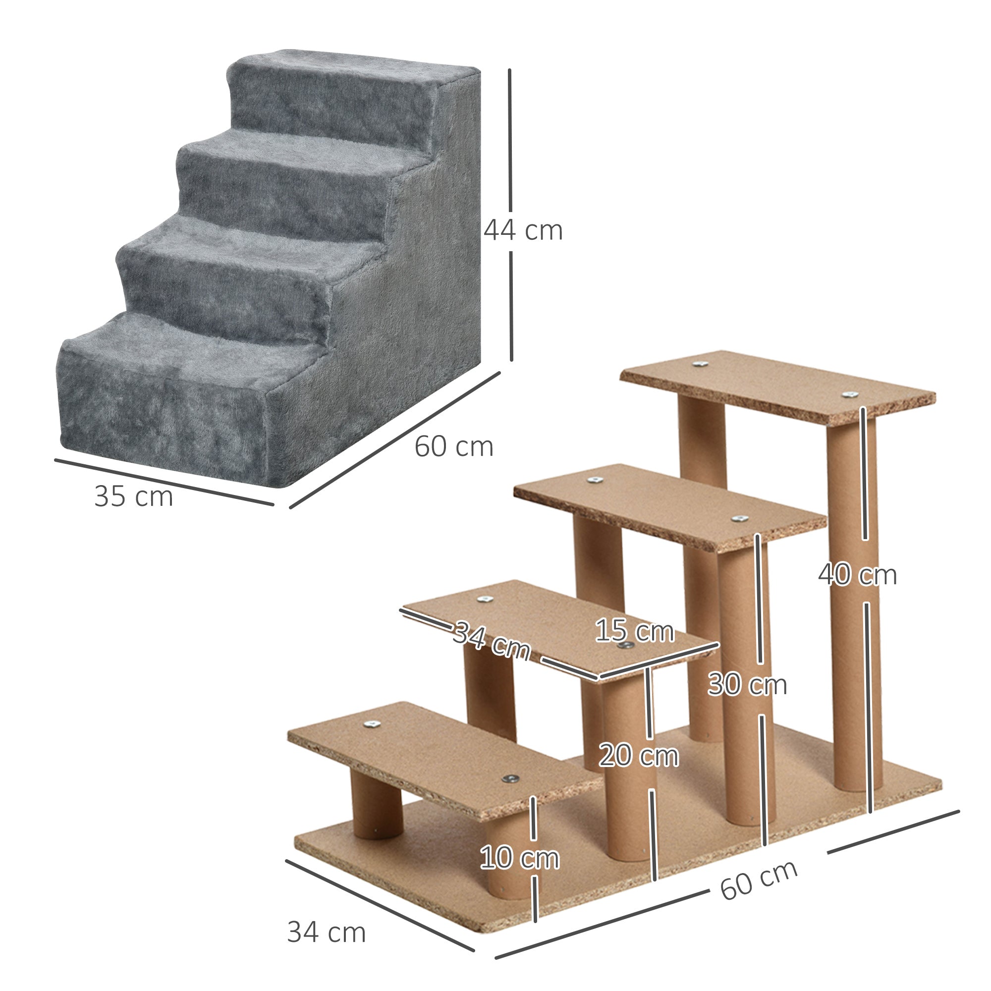 PawHut Four-Step Dog Stairs, with Washable Plush Cover, for High Bed Sofa, Dog Stairs for Small Dog and Cat - Light Grey - North Peak Garden Furniture