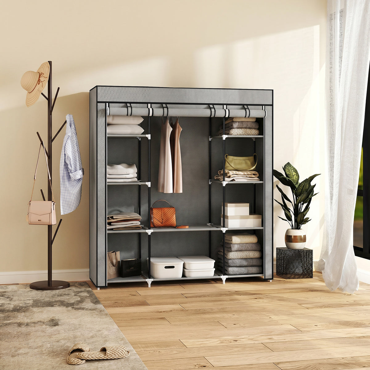 HOMCOM Clothes Storage Organiser with Hanging Rail, Shelves, Portable Wardrobe, Foldable Fabric Wardrobe, Light Grey
