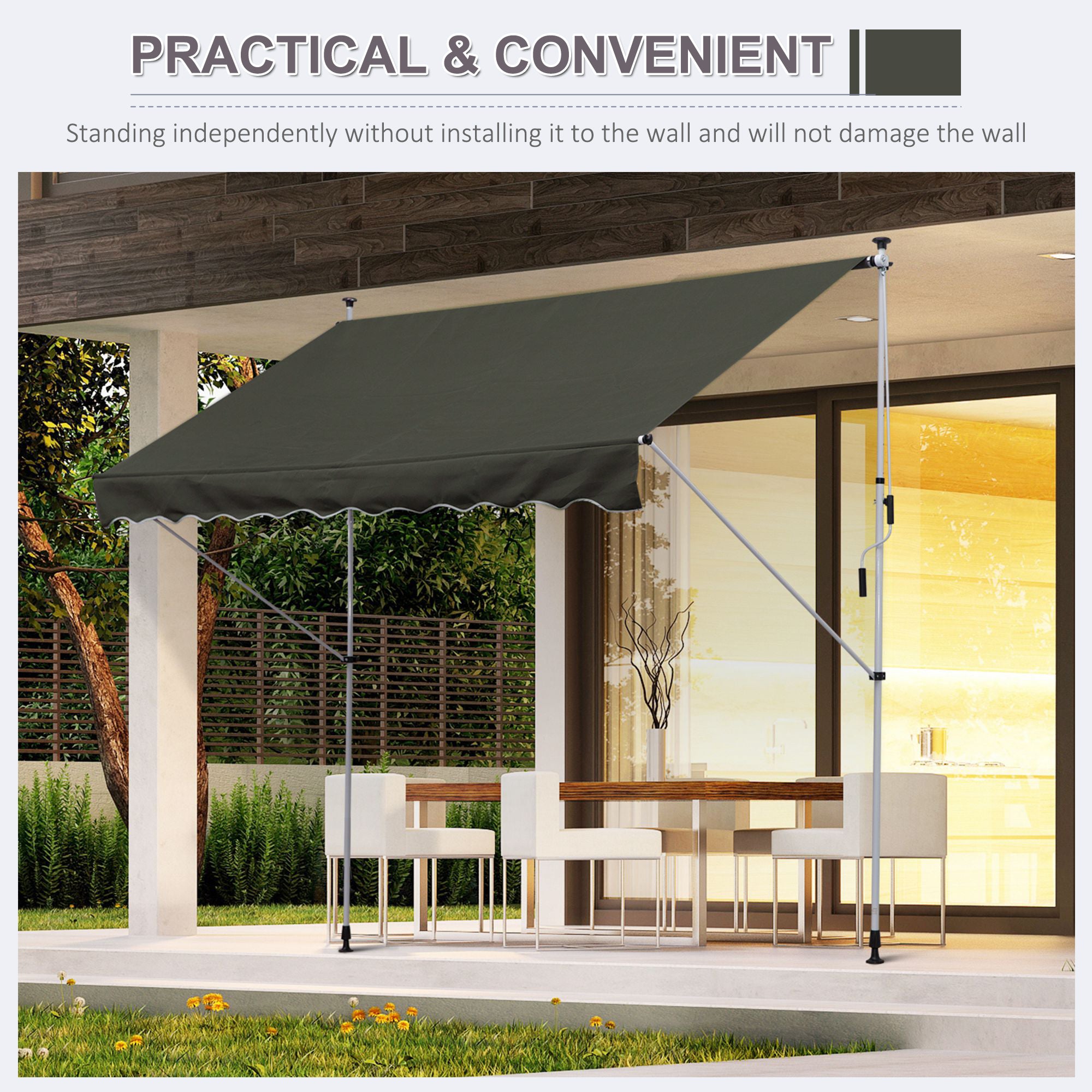 Outsunny Balcony 3 x 1.5m Manual Adjustable Awning DIY Patio Clamp Awning Canopy  Retractable Shade Shelter - Grey