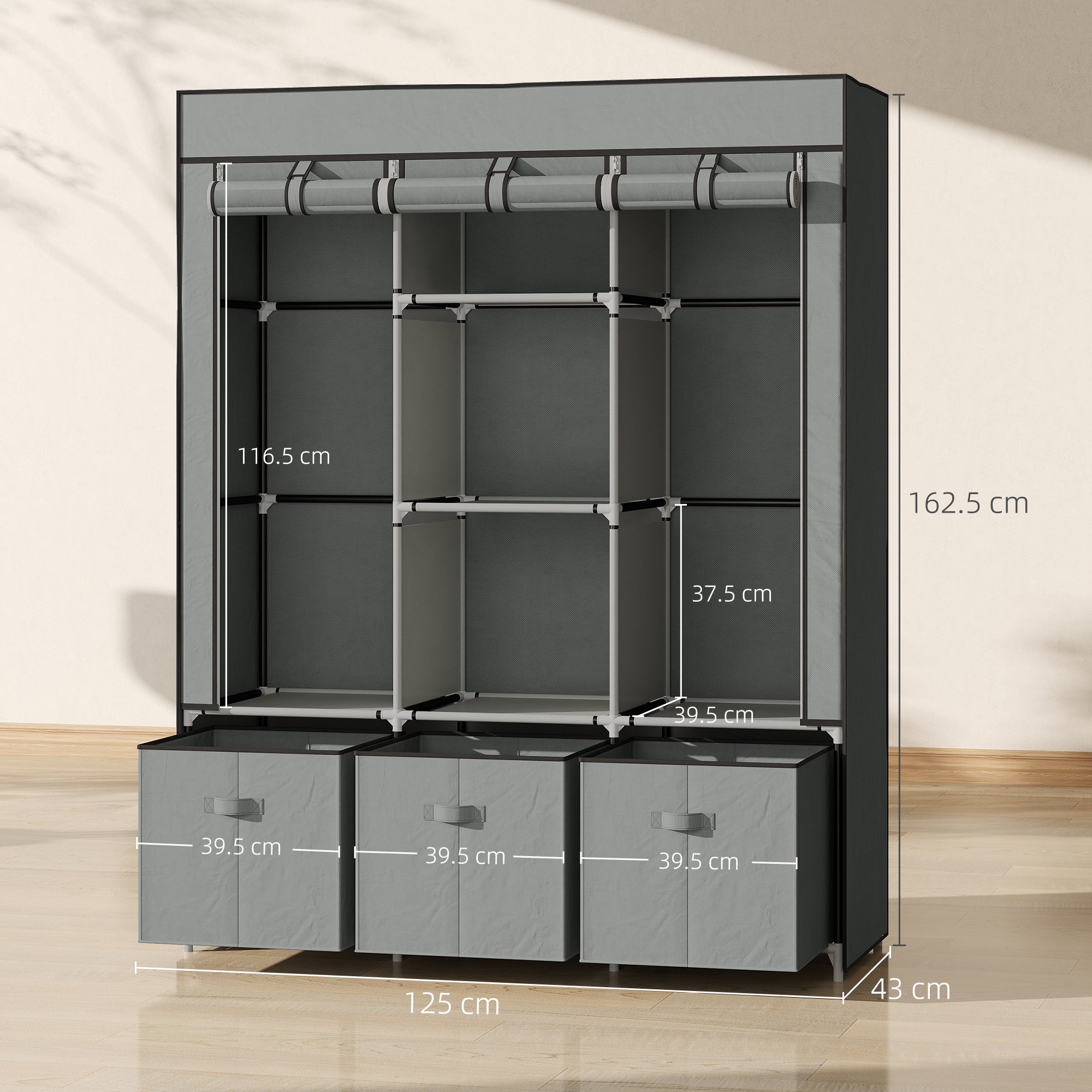 HOMCOM Fabric Wardrobe for Bedroom, Portable Wardrobe with 5 Shelves, 2 Hanging Rails and 3 Fabric Drawers, Foldable Closet, 125 x 43 x 162.5cm, Light Grey - North Peak Garden Furniture