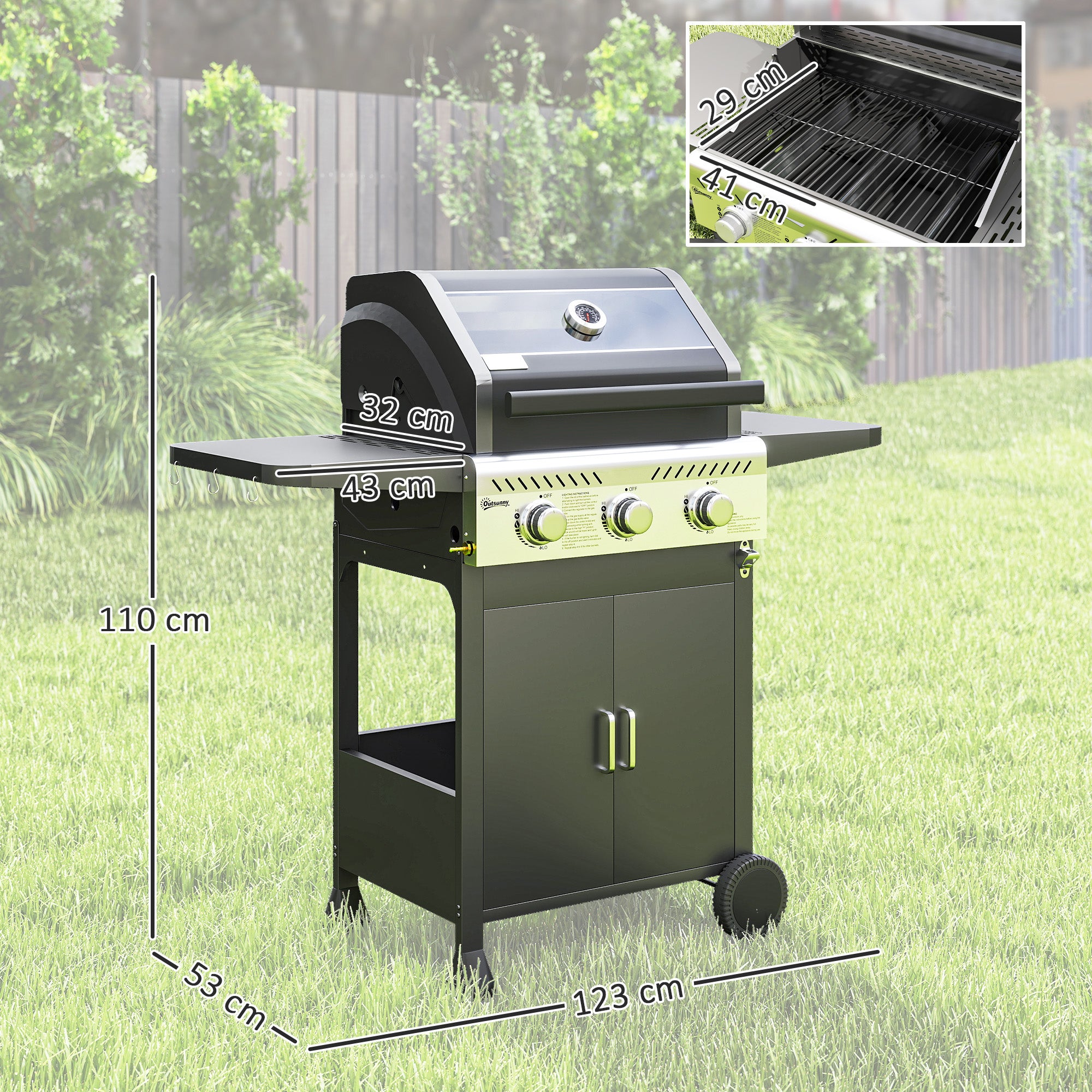 Outsunny 7.5kW Three-Burner Gas BBQ Grill, with See-Through Lid - Black - North Peak Garden Furniture