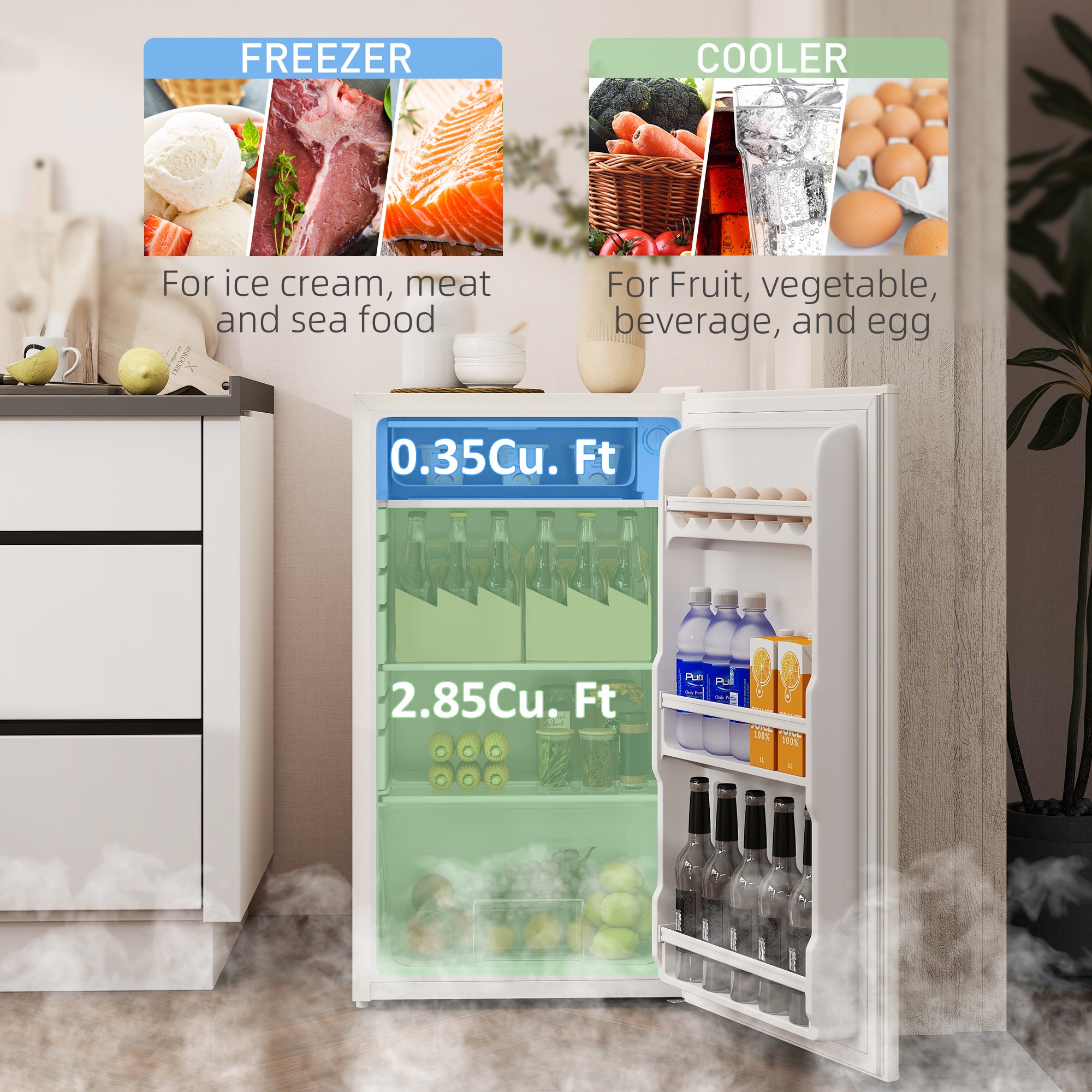 HOMCOM 91 Litre Freestanding Under Counter Fridge Freezer, Small Fridge with Chiller Box, Adjustable Thermostat, 47.5cm Wide, Beige