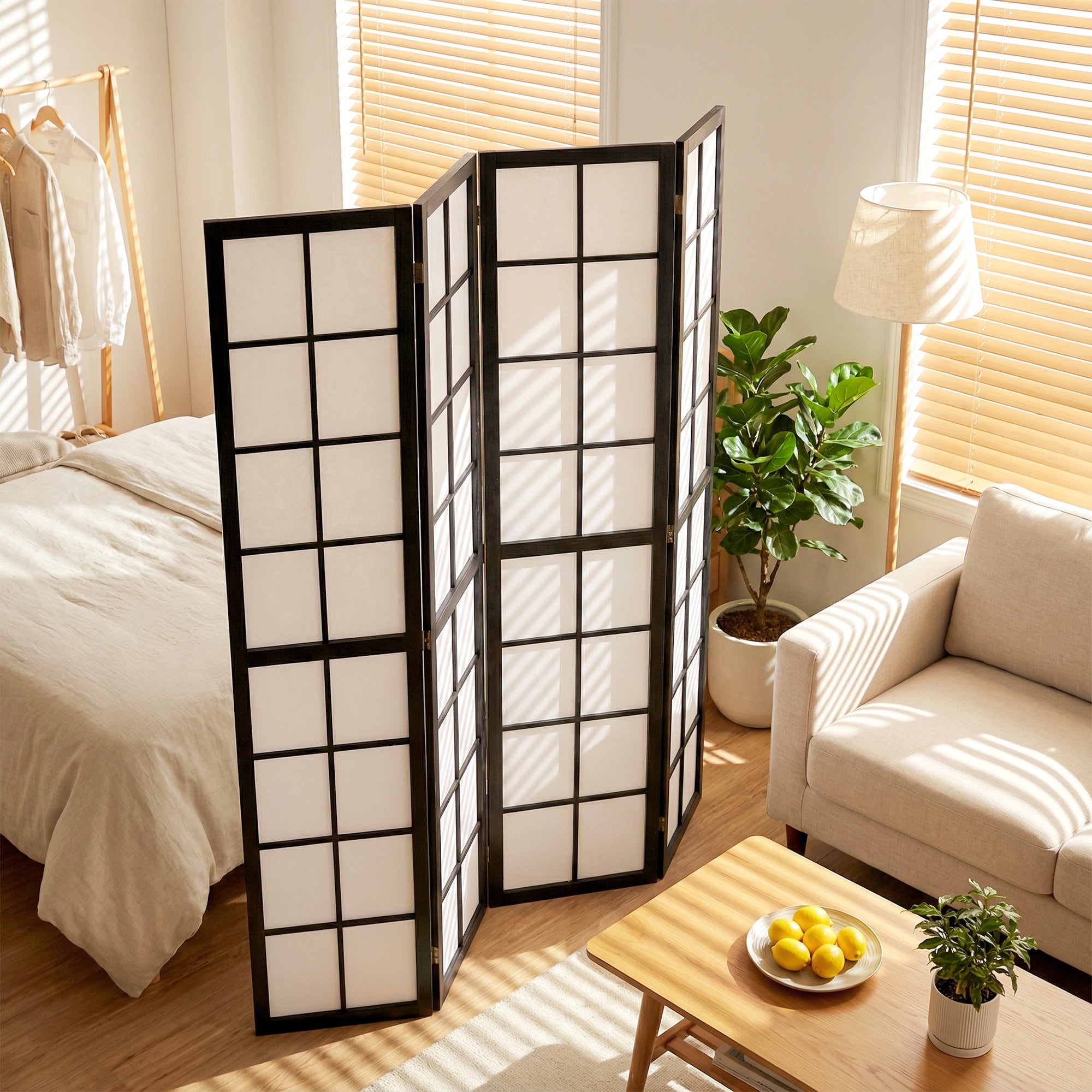 HOMCOM 4 Panel Folding Room Divider, Freestanding Room Separator, Indoor Privacy Screen for Living Room, Bedroom, Black