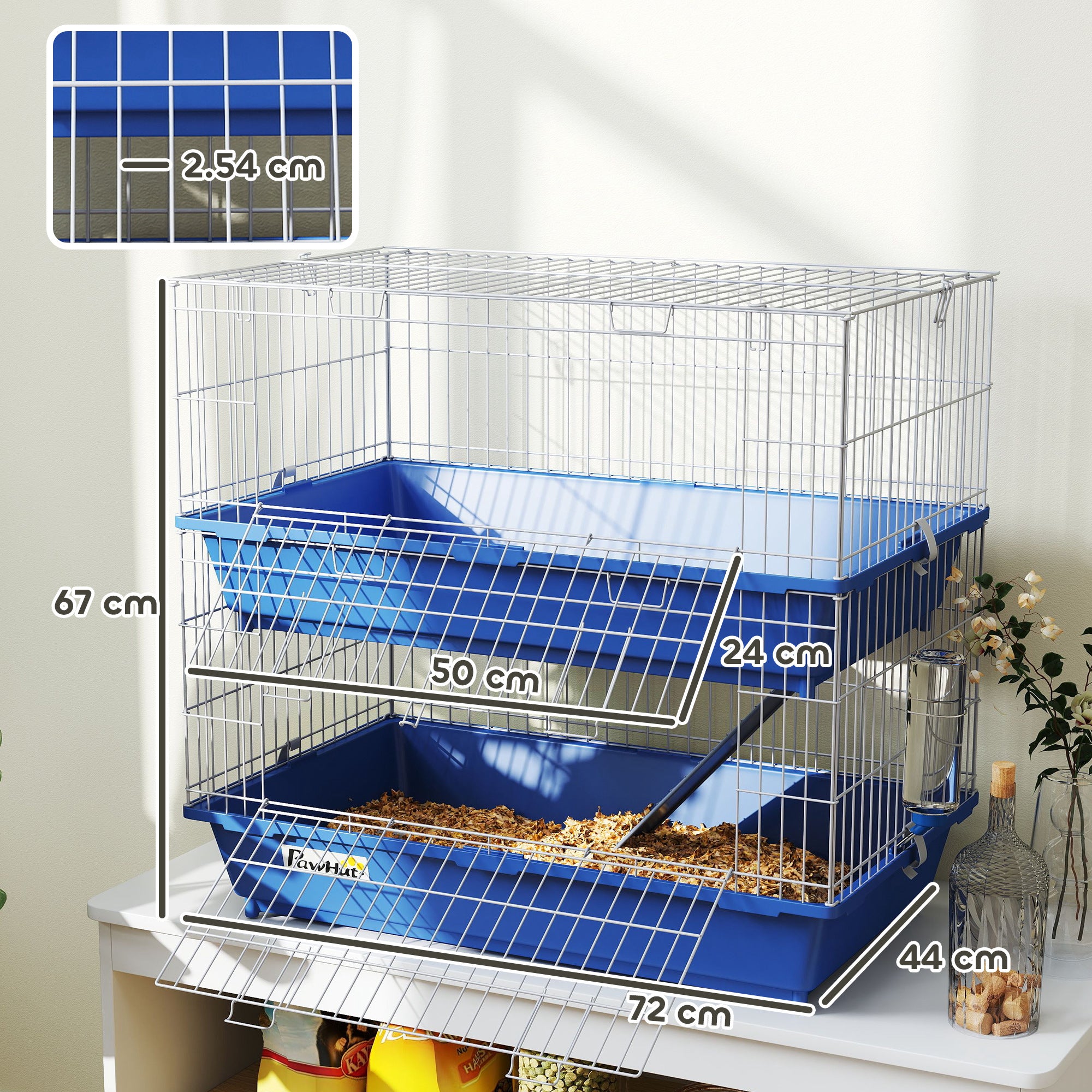 PawHut Double Tier Small Animal Cage Rabbit Chinchillas Cage w/ Ramp Food Dish Water Bottle Deep Trays Pet Home 72 x 44 x 67 cm - North Peak Garden Furniture