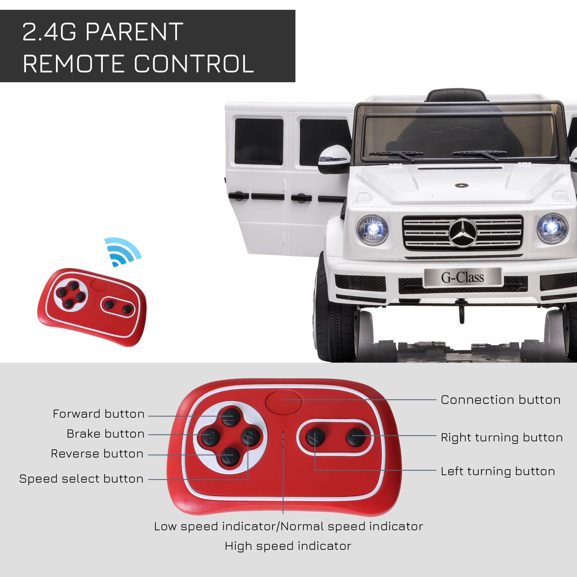HOMCOM Mercedes Benz G500 Licensed 12V Kids Electric Ride On Car Toy with Parental Remote Control Battery-powered 2 Motors Music Lights MP3 for 3-8 Years Old White - North Peak Garden Furniture