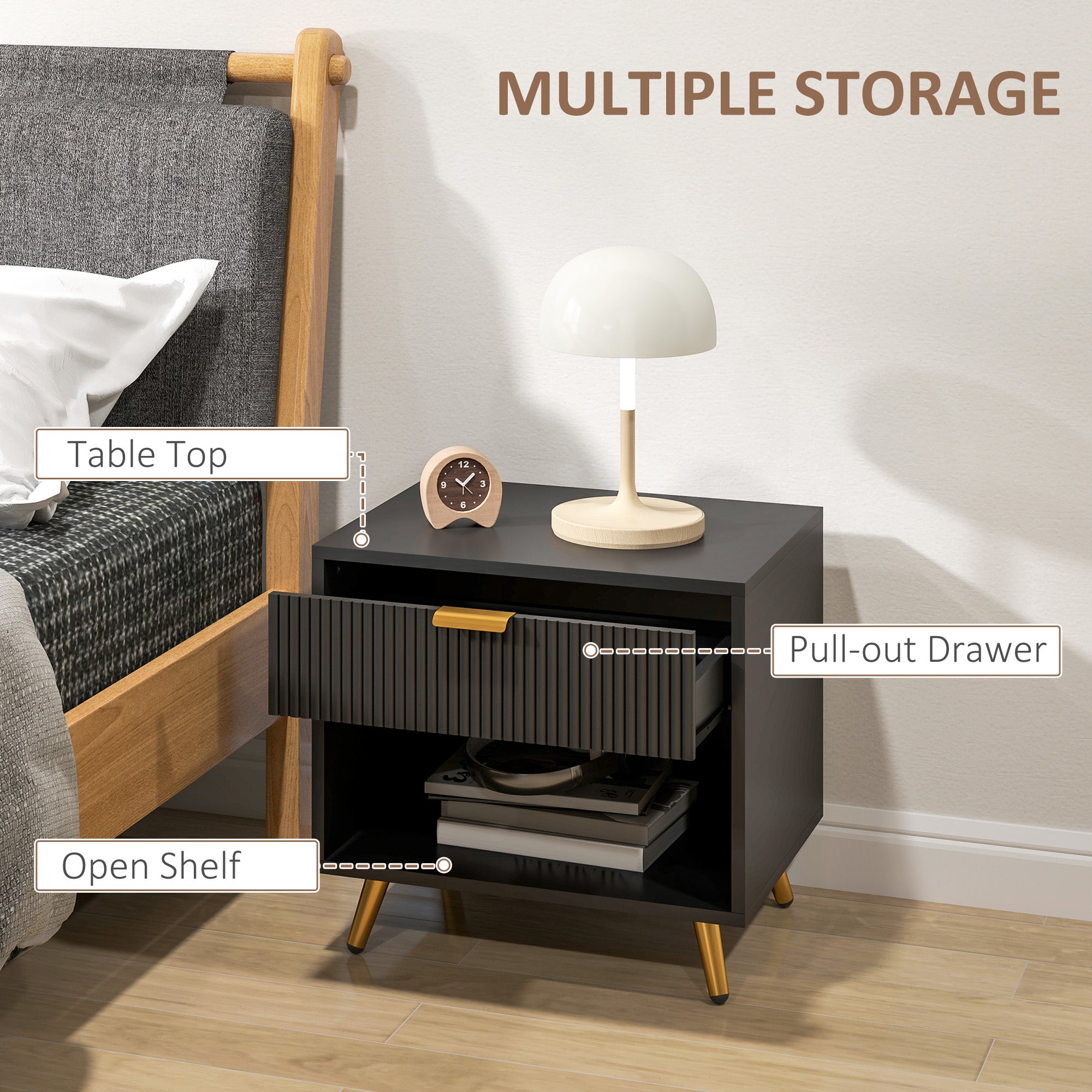 HOMCOM Elegant Bedside Table Set of 2, with Drawer and Shelf - Black/Gold Tone