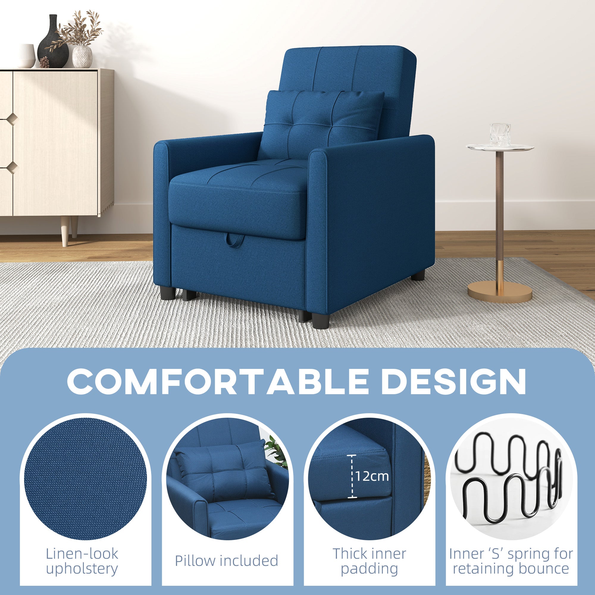HOMCOM 3-In-1 Convertible Chair Bed, Pull Out Sleeper Chair with Adjustable Backrest, Side Pockets, Blue - North Peak Garden Furniture