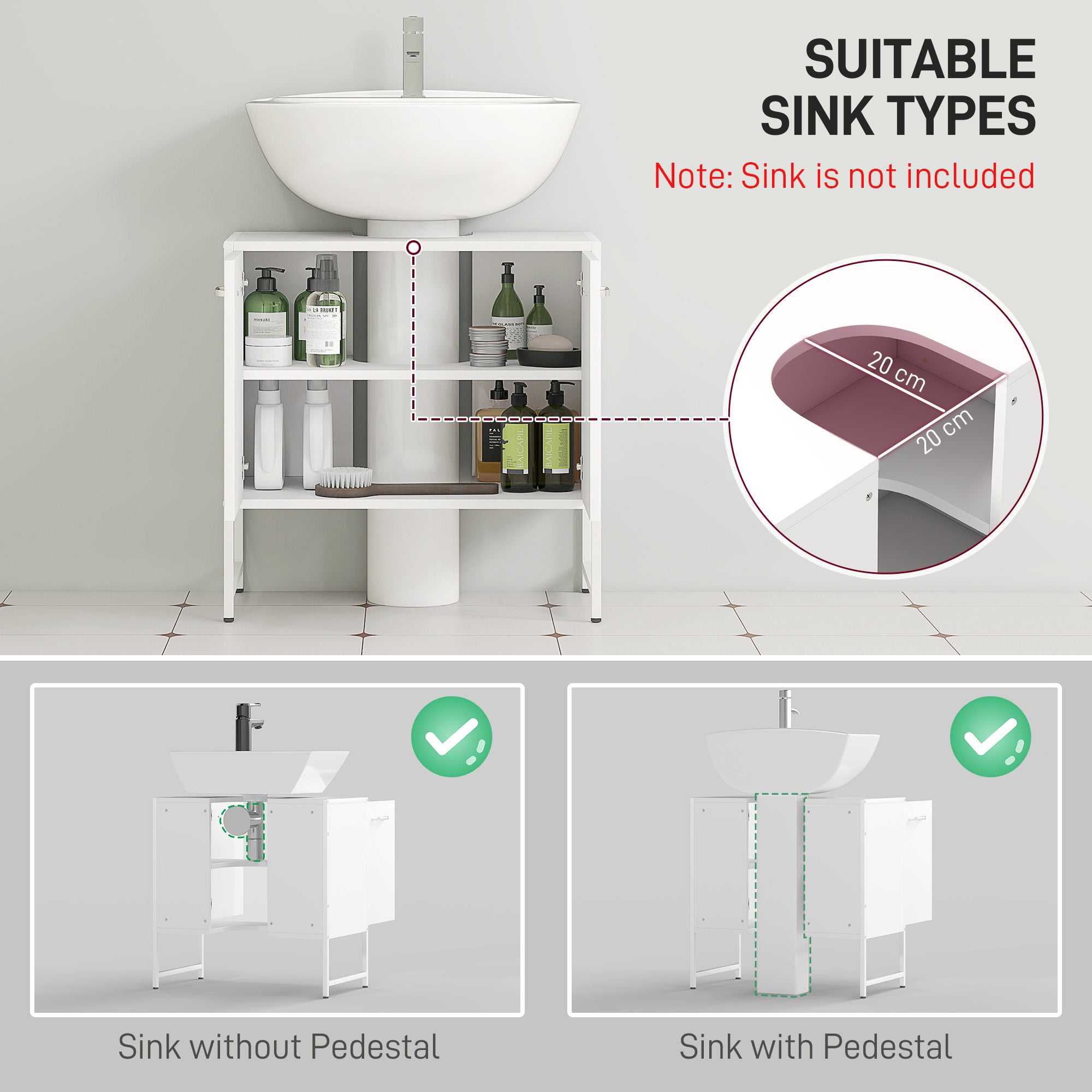 HOMCOM Bathroom Vanity Unit, Under Sink Storage Cabinet with Soft-Close Doors for Basin without or with Pedestal, White - North Peak Garden Furniture
