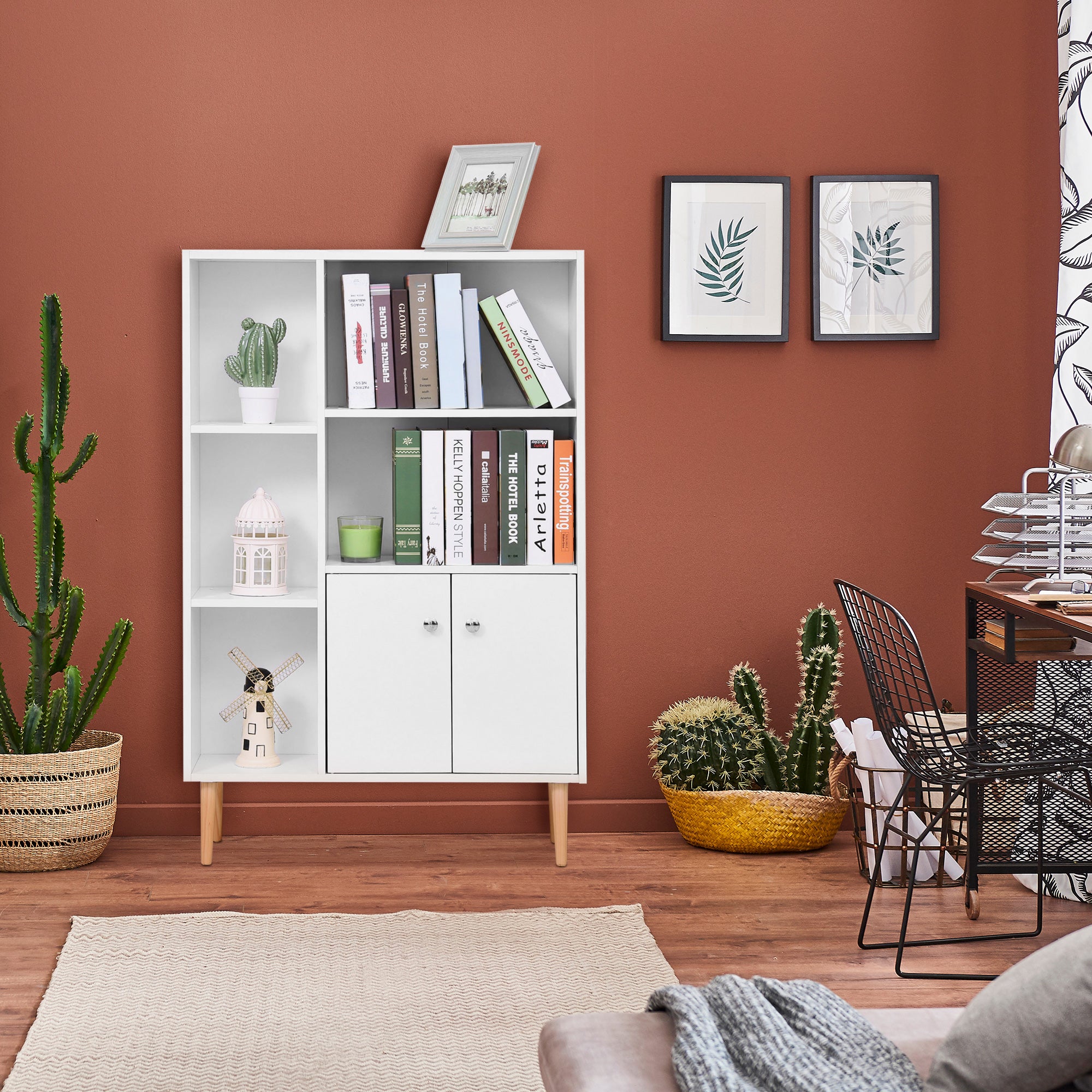 HOMCOM Sideboard Storage Cabinet Cupboard, Open Bookcase with 2 Doors 5 Compartments Wooden Modern Style for Living Room Bedroom Kitchen 80 x 23 x 123 cm, White - North Peak Garden Furniture