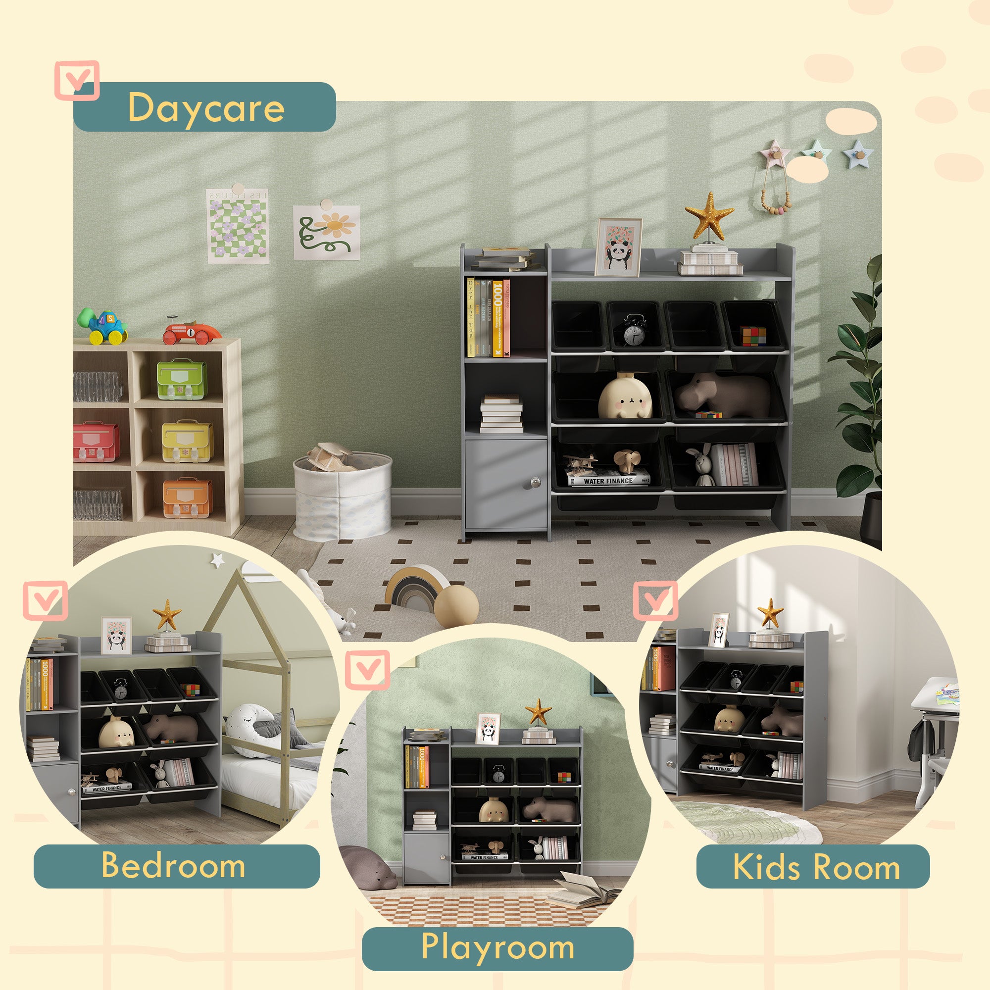 AIYAPLAY Toy Storage Unit with 8 Removable Bins, Storage Shelves, Cabinet, Grey - North Peak Garden Furniture