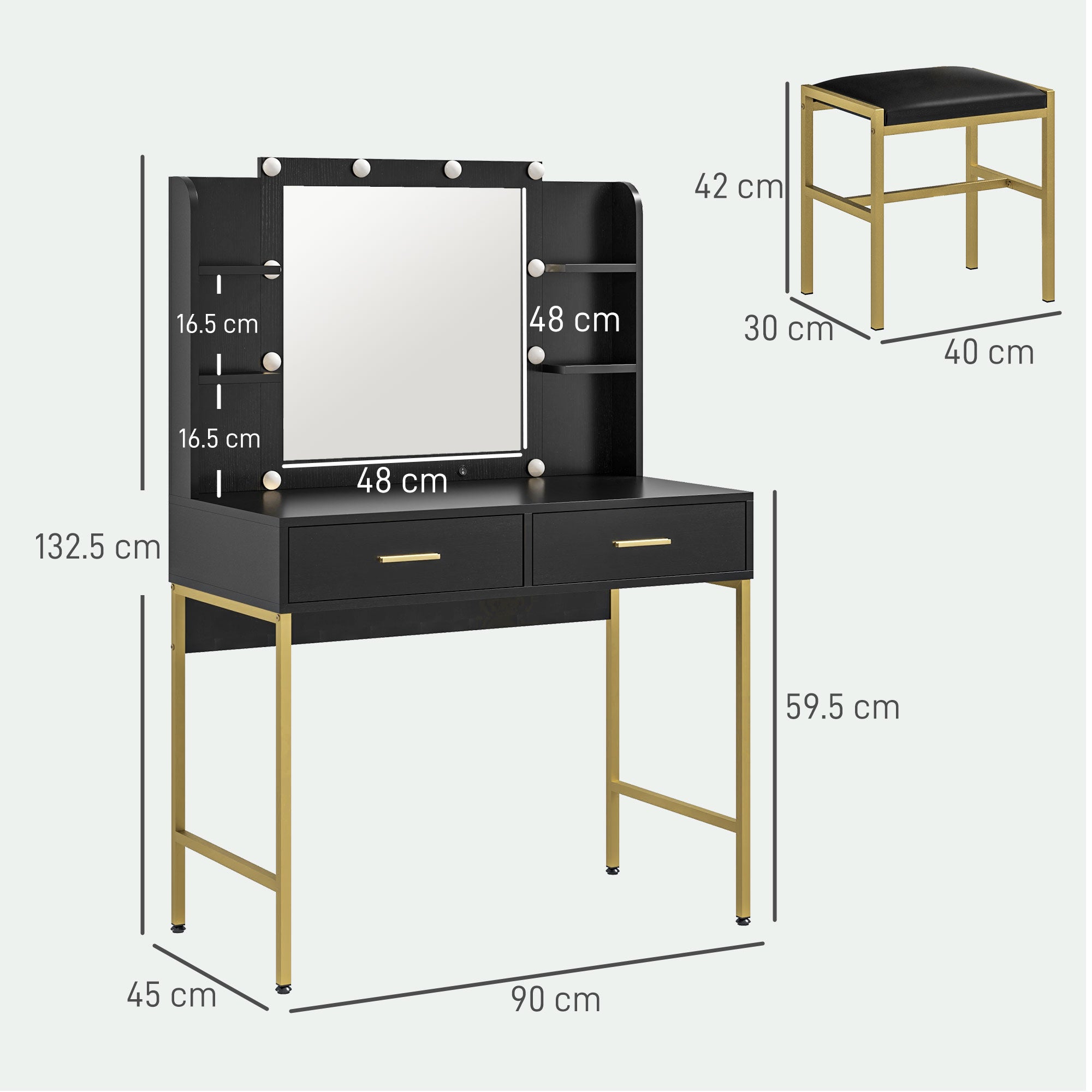 HOMCOM Dressing Table Set, with Storage and Stool - Black - North Peak Garden Furniture