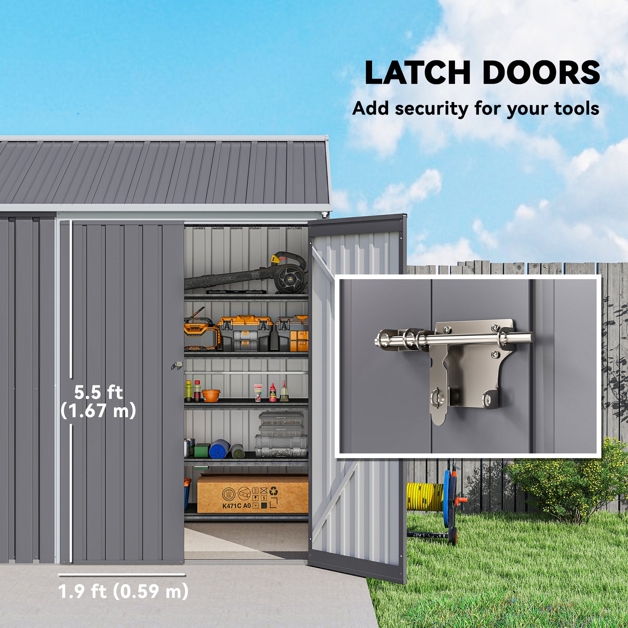 Outsunny 8 x 6 ft Galvanised Garden Shed, Outsoor Metal Storage Shed with Double Doors Window Air Vents for Patio, Lawn, Grey