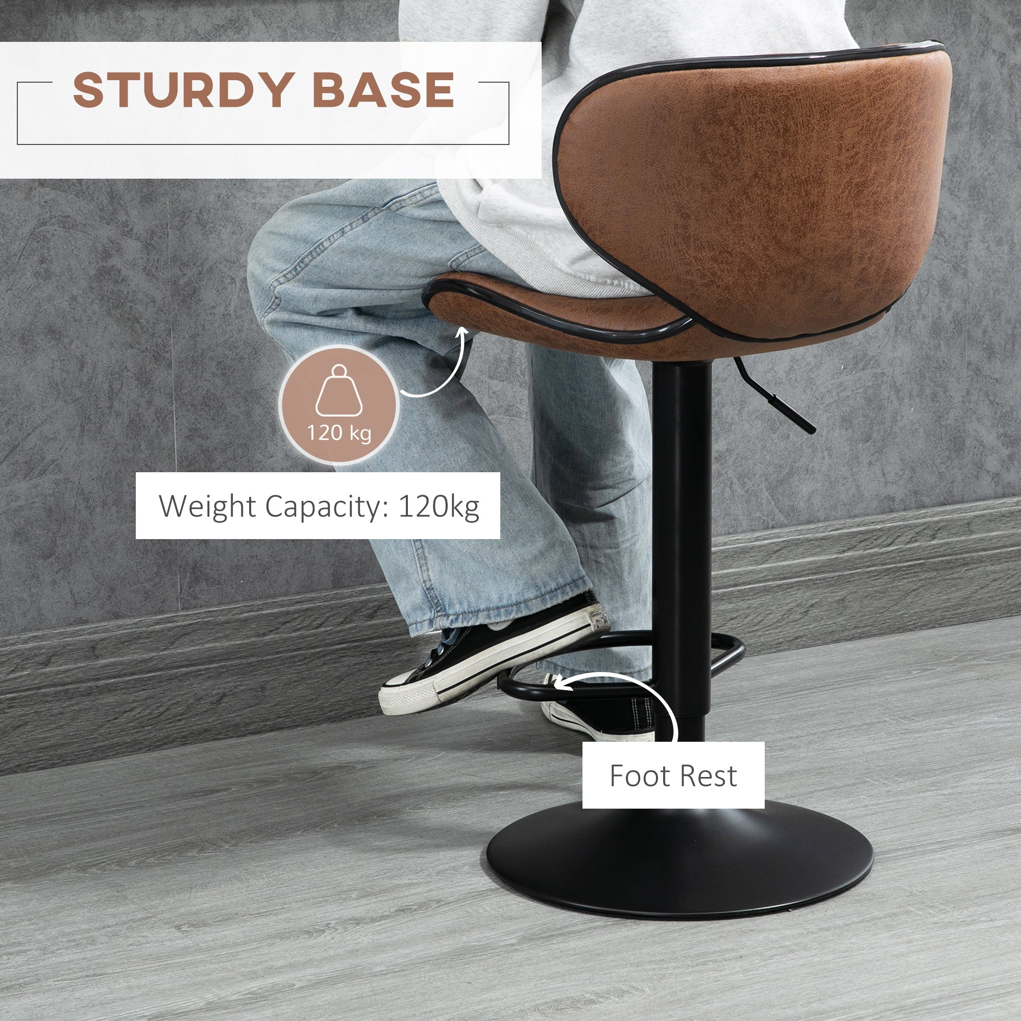 HOMCOM Bar Stool Set of 2 Microfiber Cloth Adjustable Height Armless Chairs with Swivel Seat, Brown - North Peak Garden Furniture