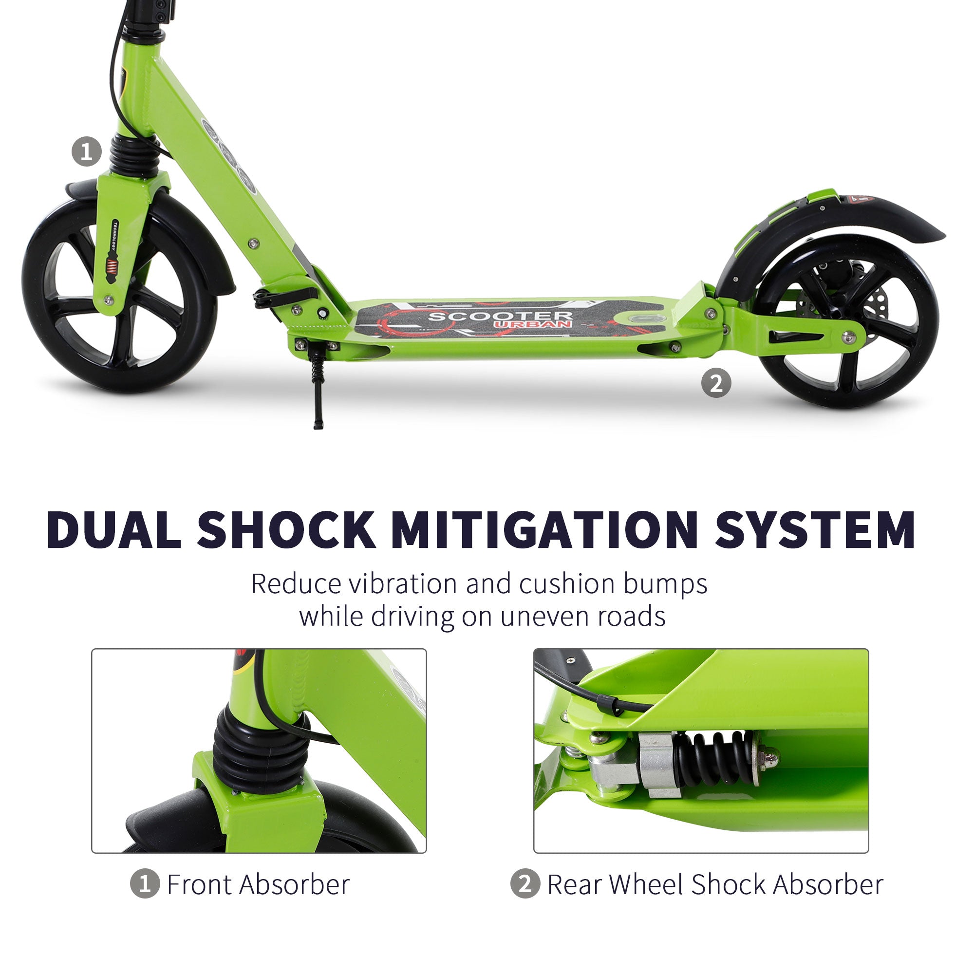 HOMCOM Kick Scooter, Folding 2 Wheel Scooter for 14+ Teens Adults, with Dual Brake System, Dual Suspension, 230mm Big Wheels, 3 Adjustable Handlebar, up to 100KG, Green - North Peak Garden Furniture