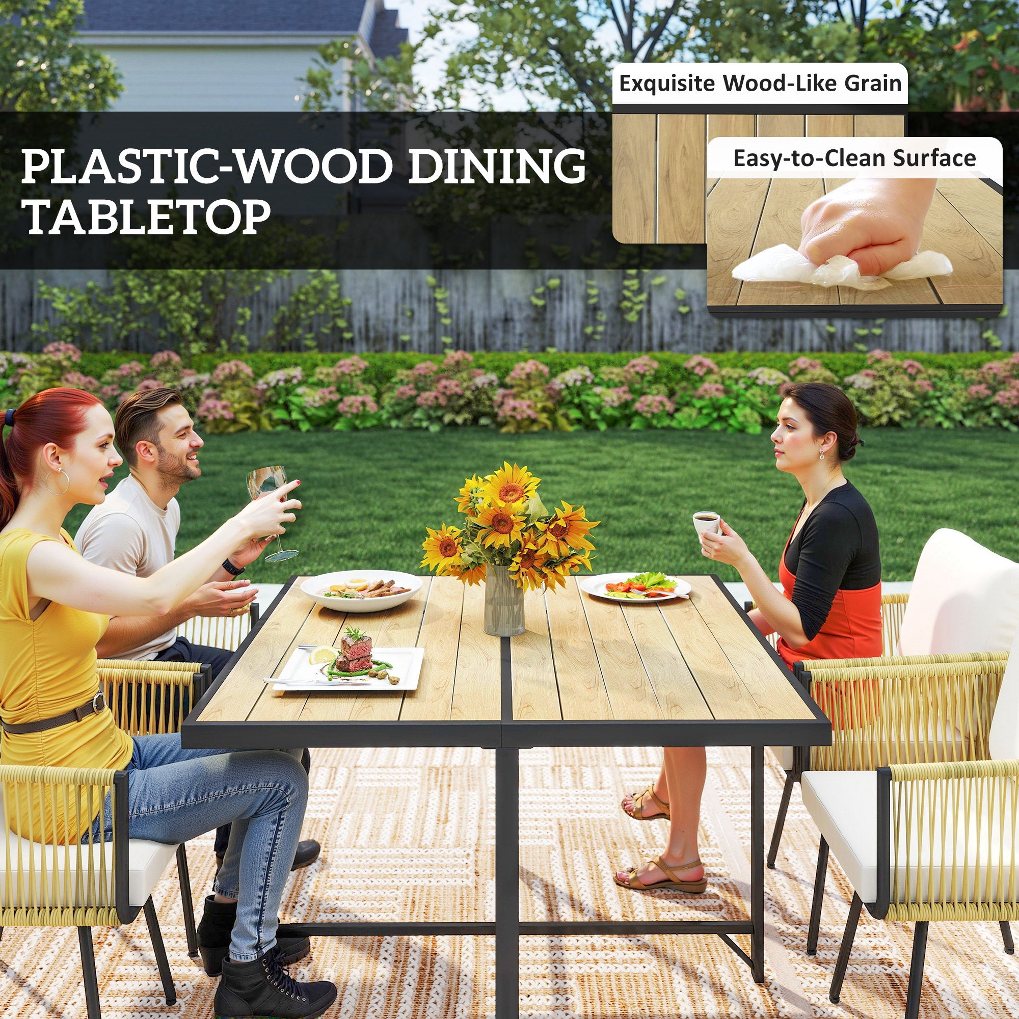Outsunny 5 Piece Garden Furniture Set, Garden Dining Set with Wood-Plastic Table and 4 Stackable Chairs, Beige