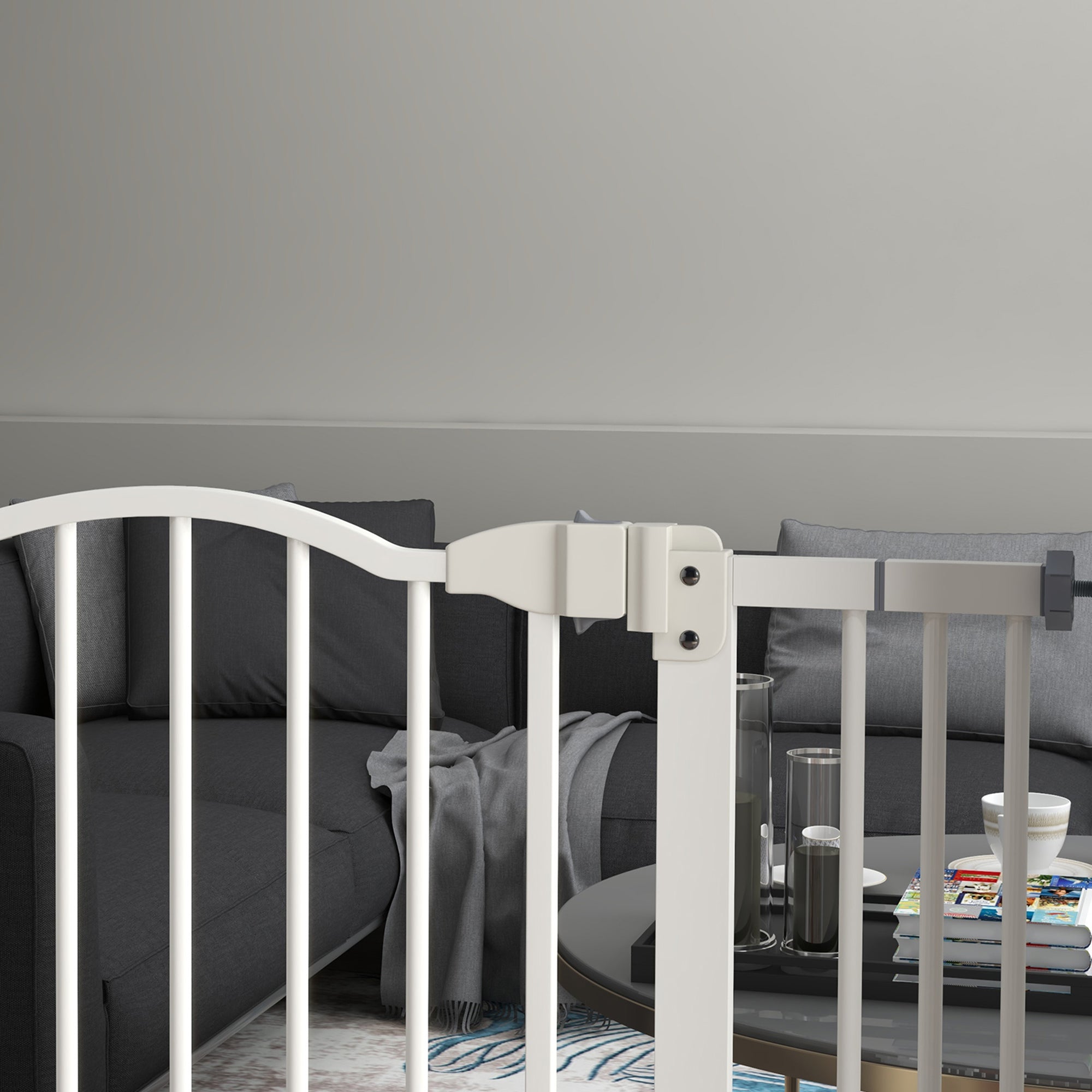 PawHut Metal 74-80cm Adjustable Pet Gate Safety Barrier w/ Auto-Close Door White - North Peak Garden Furniture