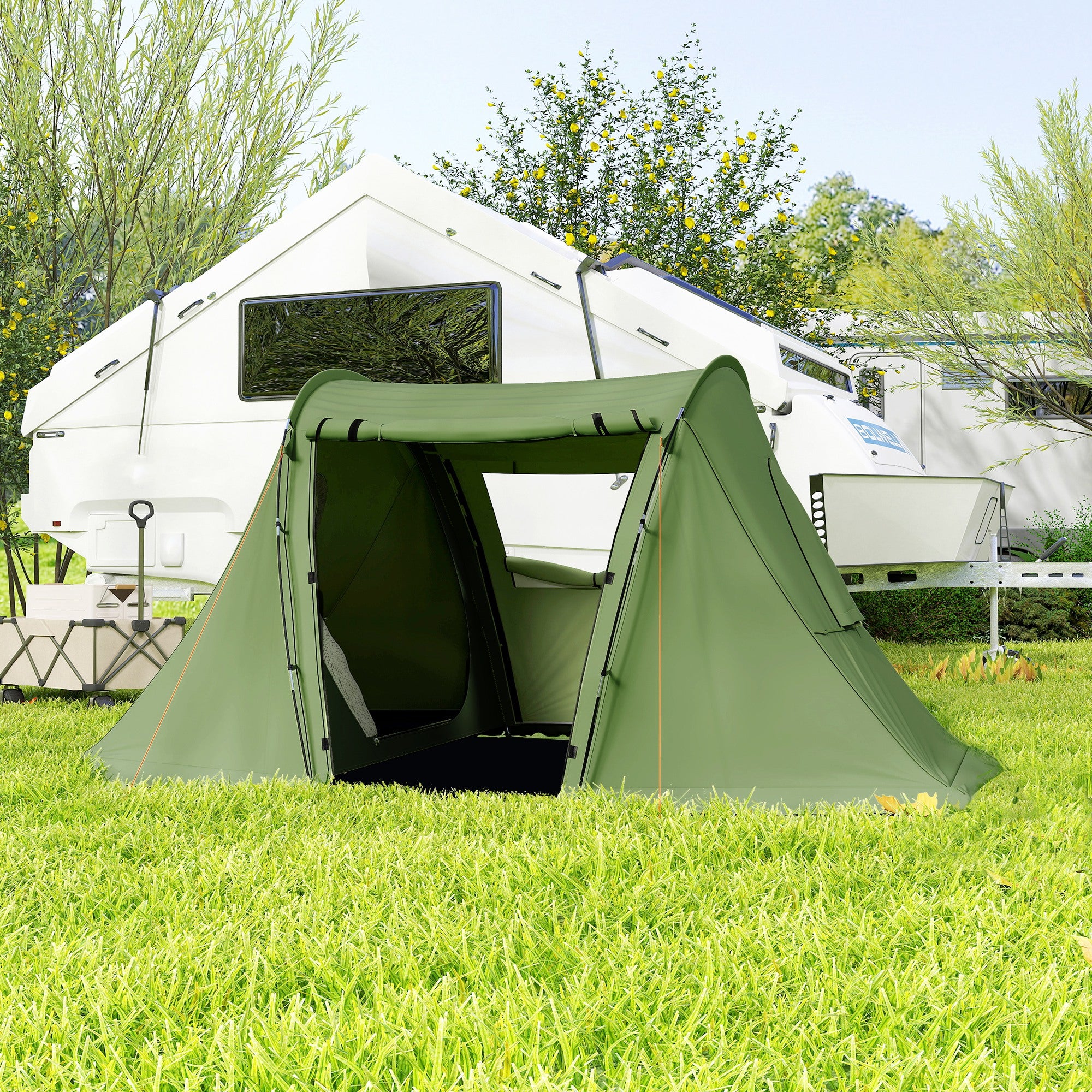 Outsunny 3 Man Camping Tent with Living Area and 2 Bedrooms, 3000mm Waterproof Family Tent with Sewn-in Groundsheet, Portable with Bag for Hiking, Festival, Backpacking, Green - North Peak Garden Furniture