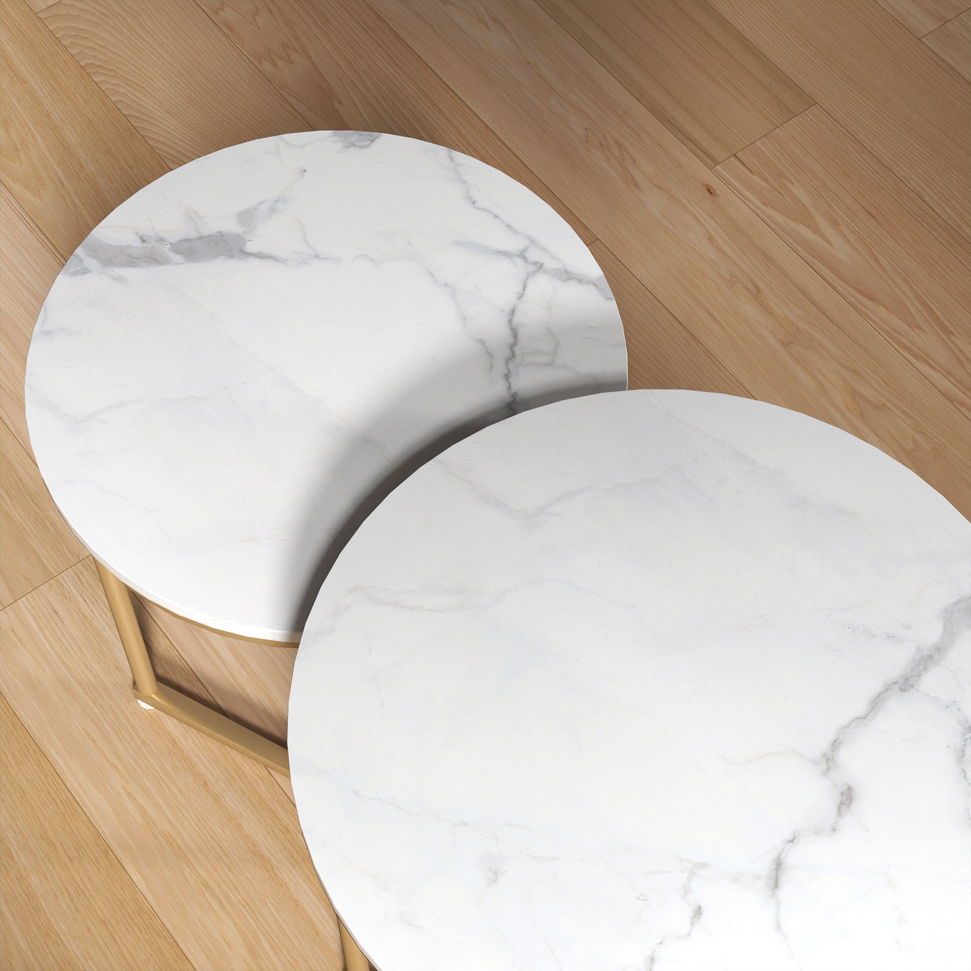 HOMCOM Set of Two Marble-Effect Nest of Tables - White/Gold-Tone - North Peak Garden Furniture