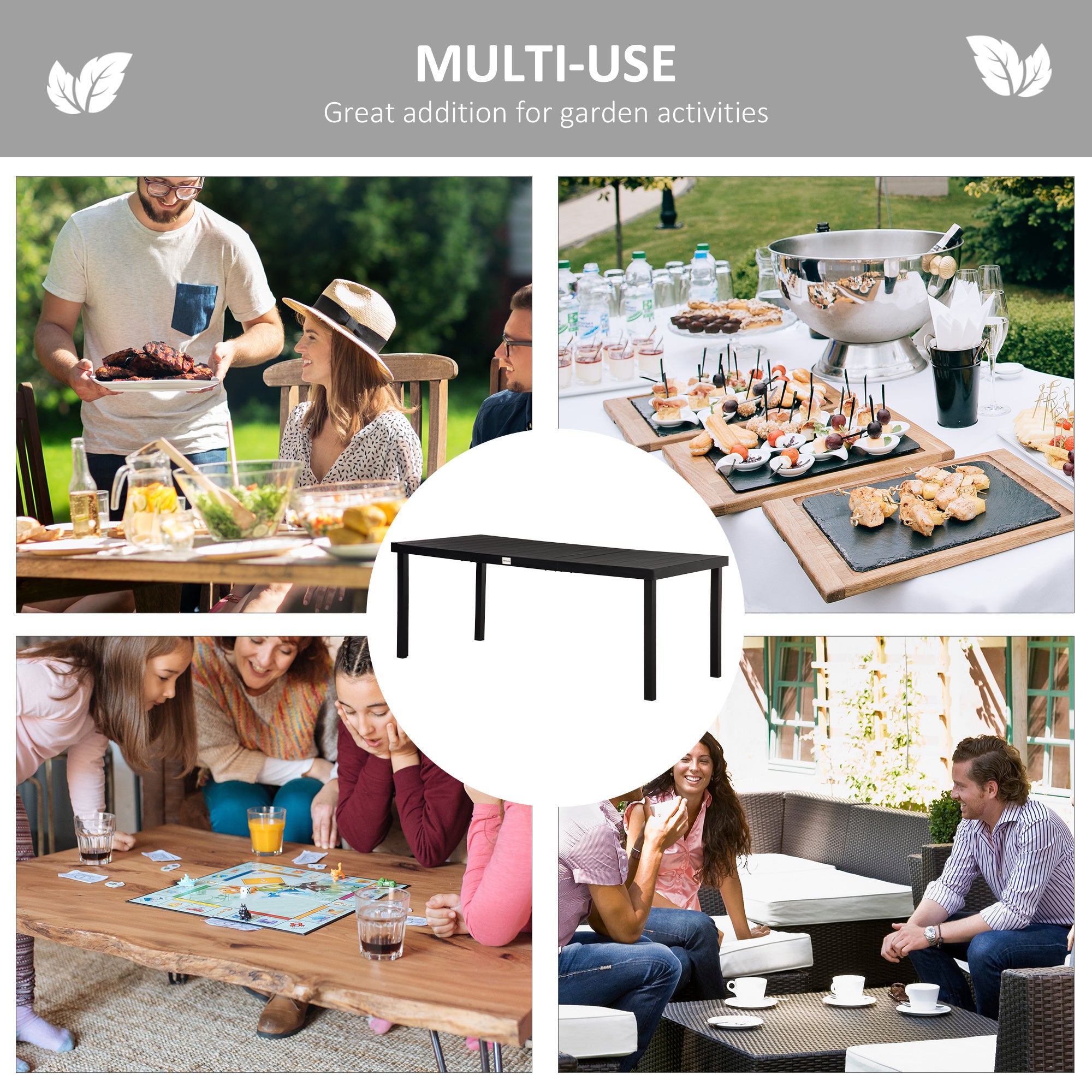Outsunny Aluminium Outdoor Garden Dining Table for 8 People, Faux Wood Top, for Garden, Lawn, Patio, 190 x 90 x 74cm, Black