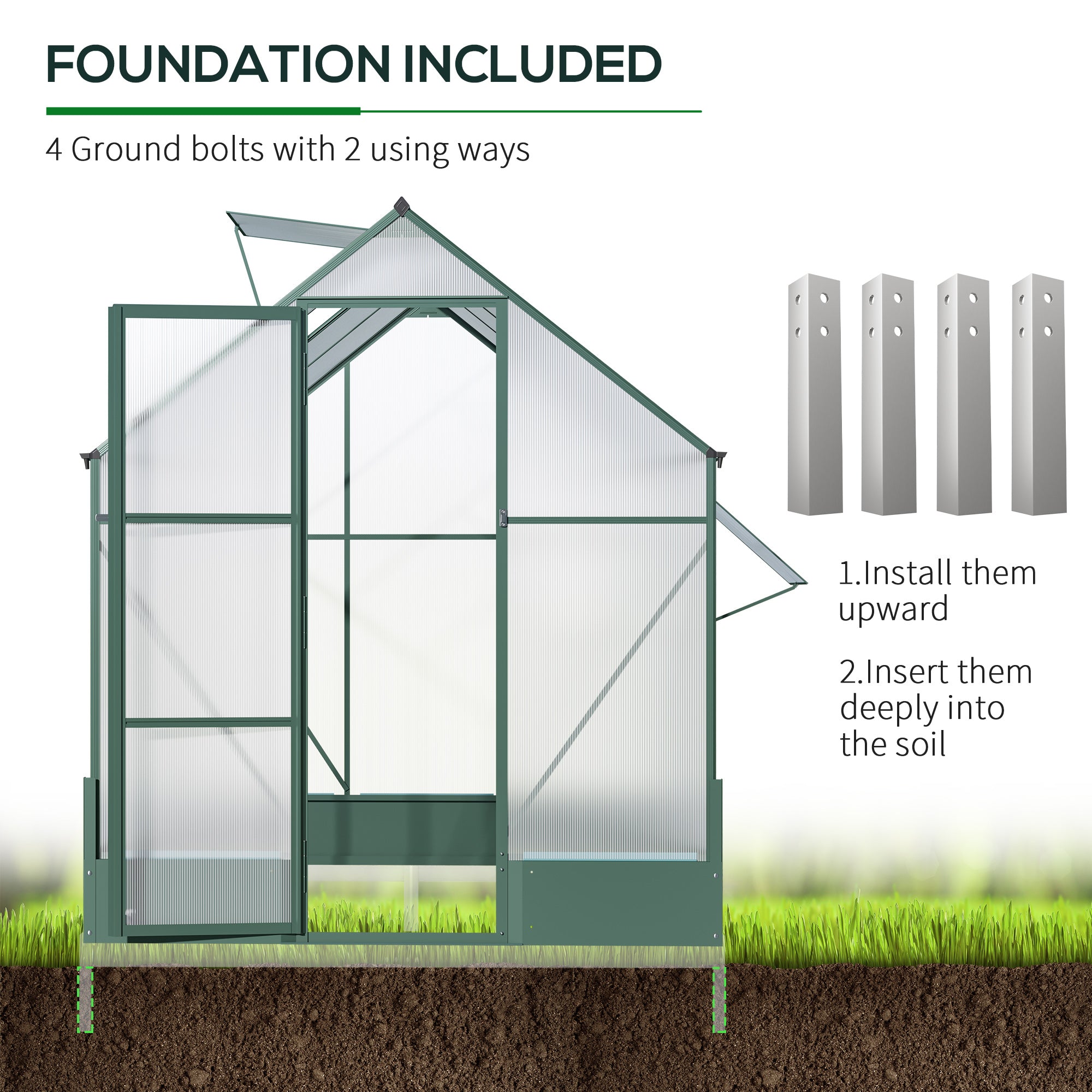 Outsunny Garden Walk-in Aluminium Greenhouse Polycarbonate with Plant Bed ,Temperature Controlled Window, Foundation, 6 x 6ft