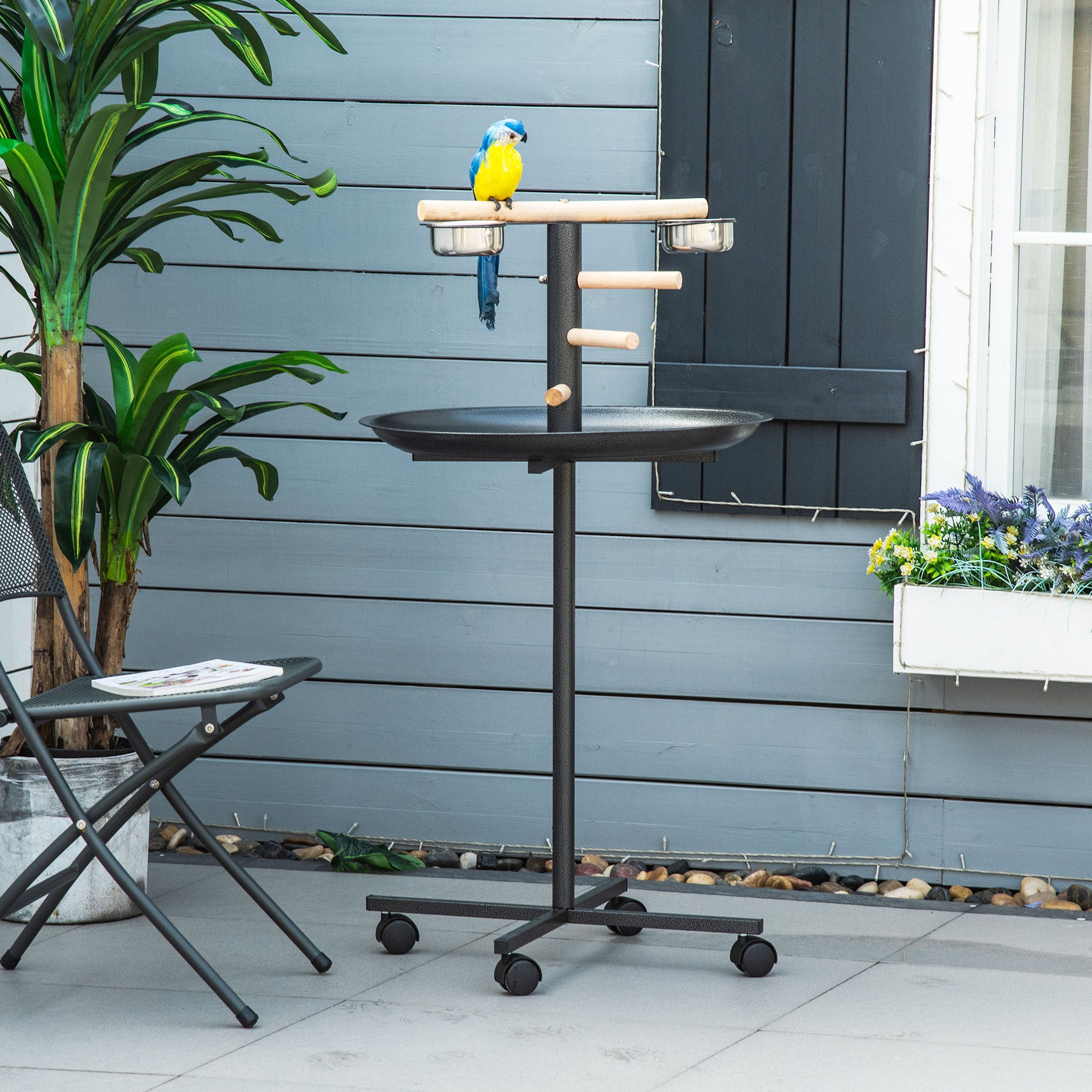 PawHut Metal Bird Table Play Stand, Bird Feeder Station Parrot Perch with Four Wheels Feeding Bowls Round Tray - North Peak Garden Furniture