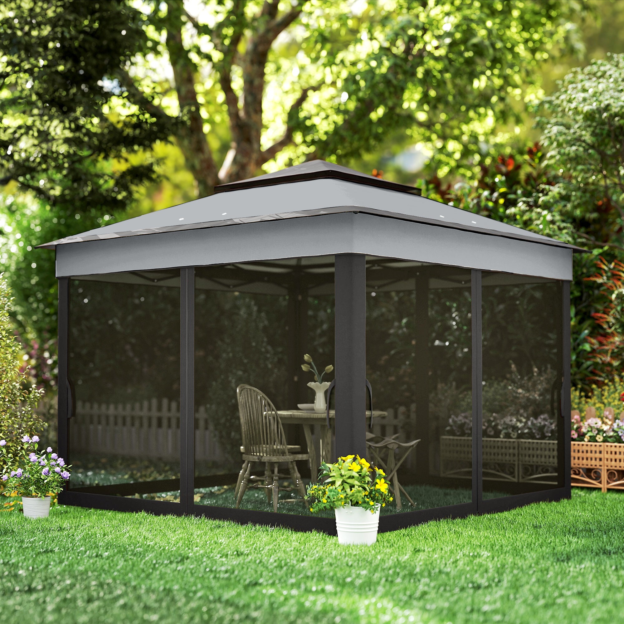 Outsunny 3 x 3(m) Pop Up Gazebo, Height Adjustable Instant Event Shelter with Netting and Carrying Bag, Grey - North Peak Garden Furniture