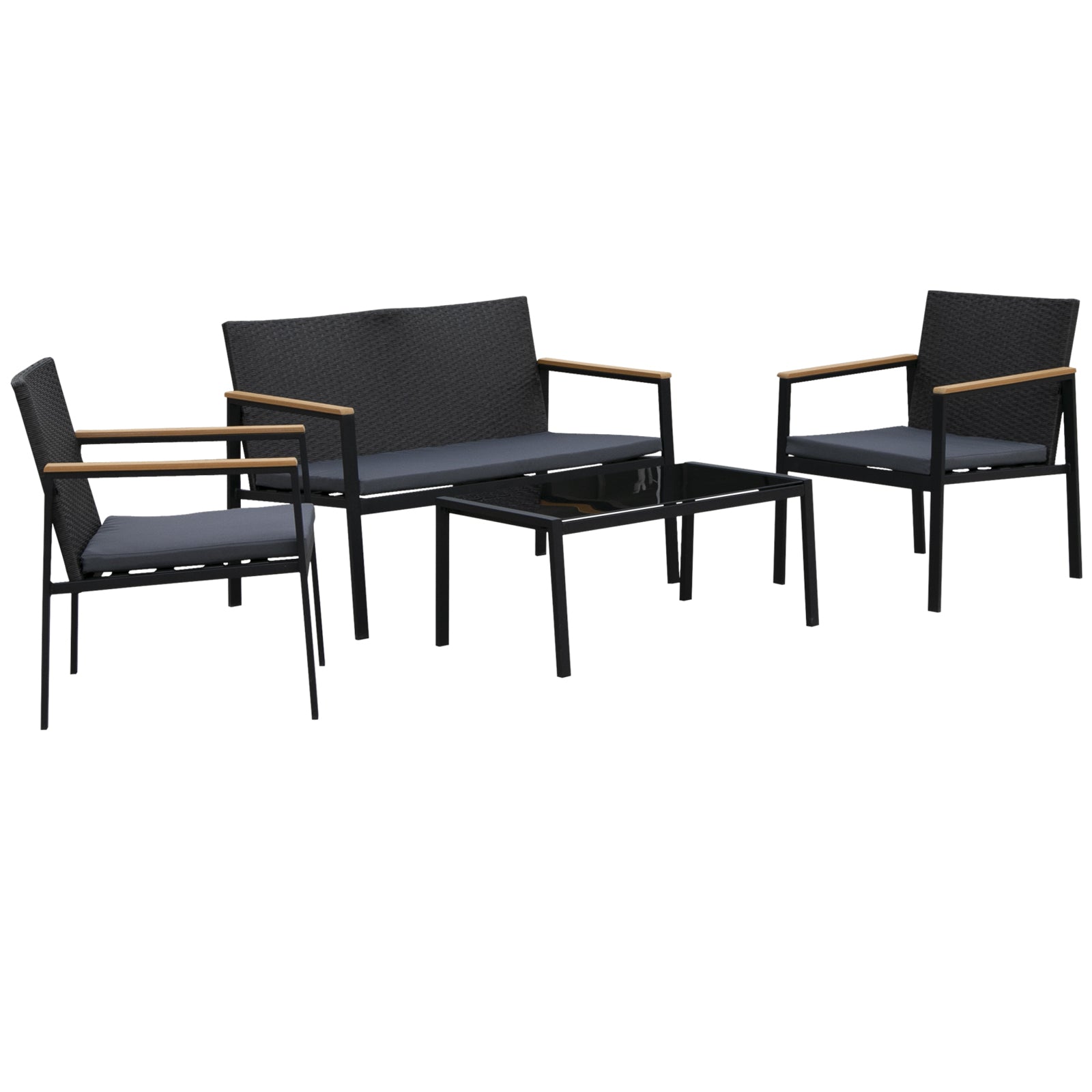 Outsunny 4PC Rattan Garden Furniture Set 2 Single Sofa Arm Chairs 1 Bench Loveseat with Cushions & Coffee Table Patio Backyard Wicker Weave - North Peak Garden Furniture