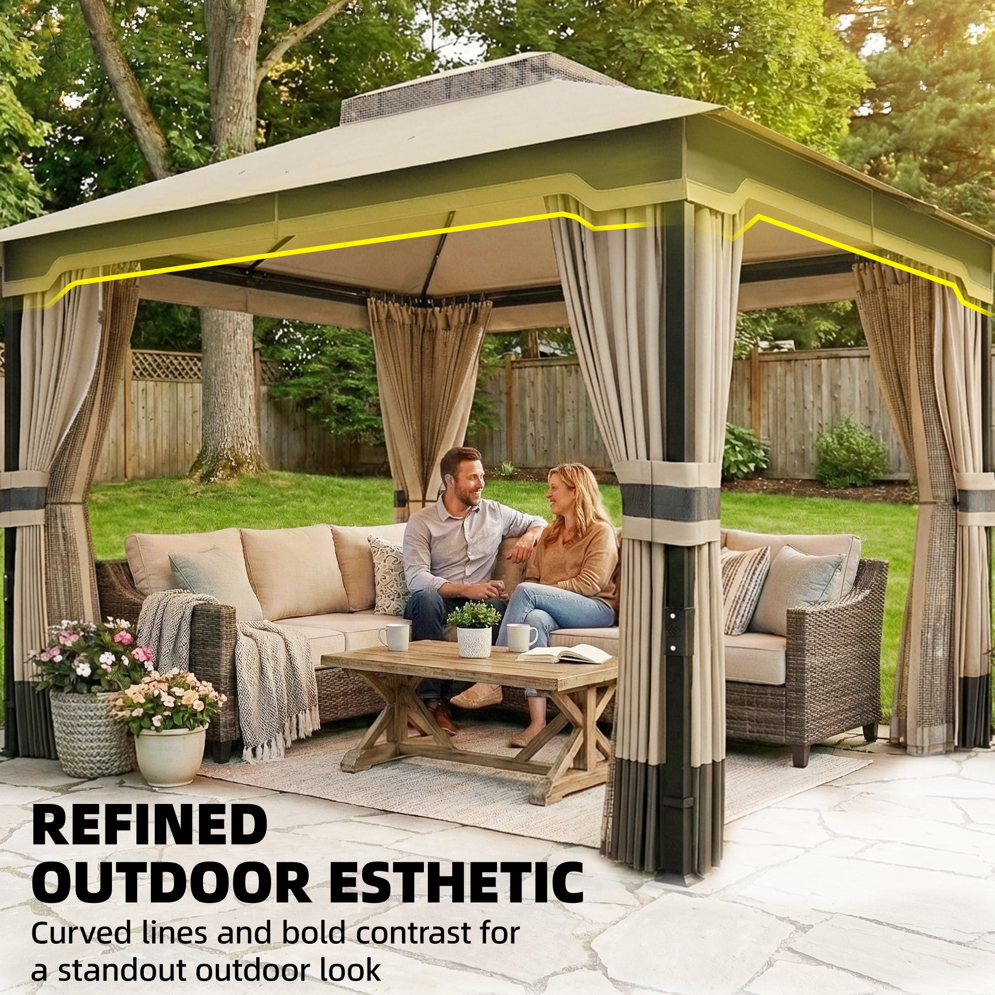 Outsunny 3 x 3.6 m Outdoor Garden Gazebo with Netting and Curtains, Double Roof Patio Gazebo Permanent Pavilion, Khaki