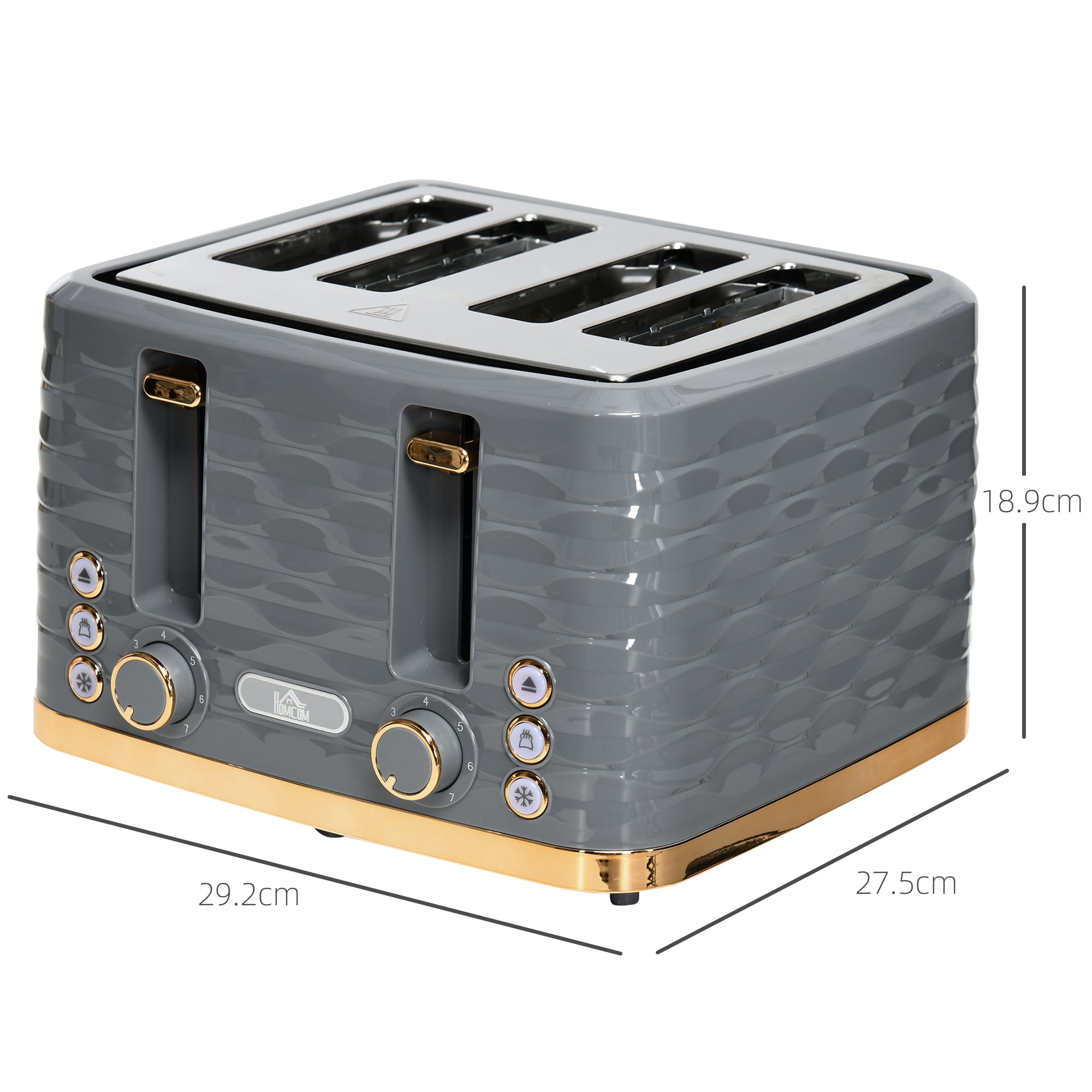 HOMCOM 4 Slice Toaster with 7 Browning Levels, High Lift, Reheat/Defrost/Cancel, Self-centring Function, Removable Crumb Tray, Auto Off, 1600W, Grey Water Ripple Texture - North Peak Garden Furniture