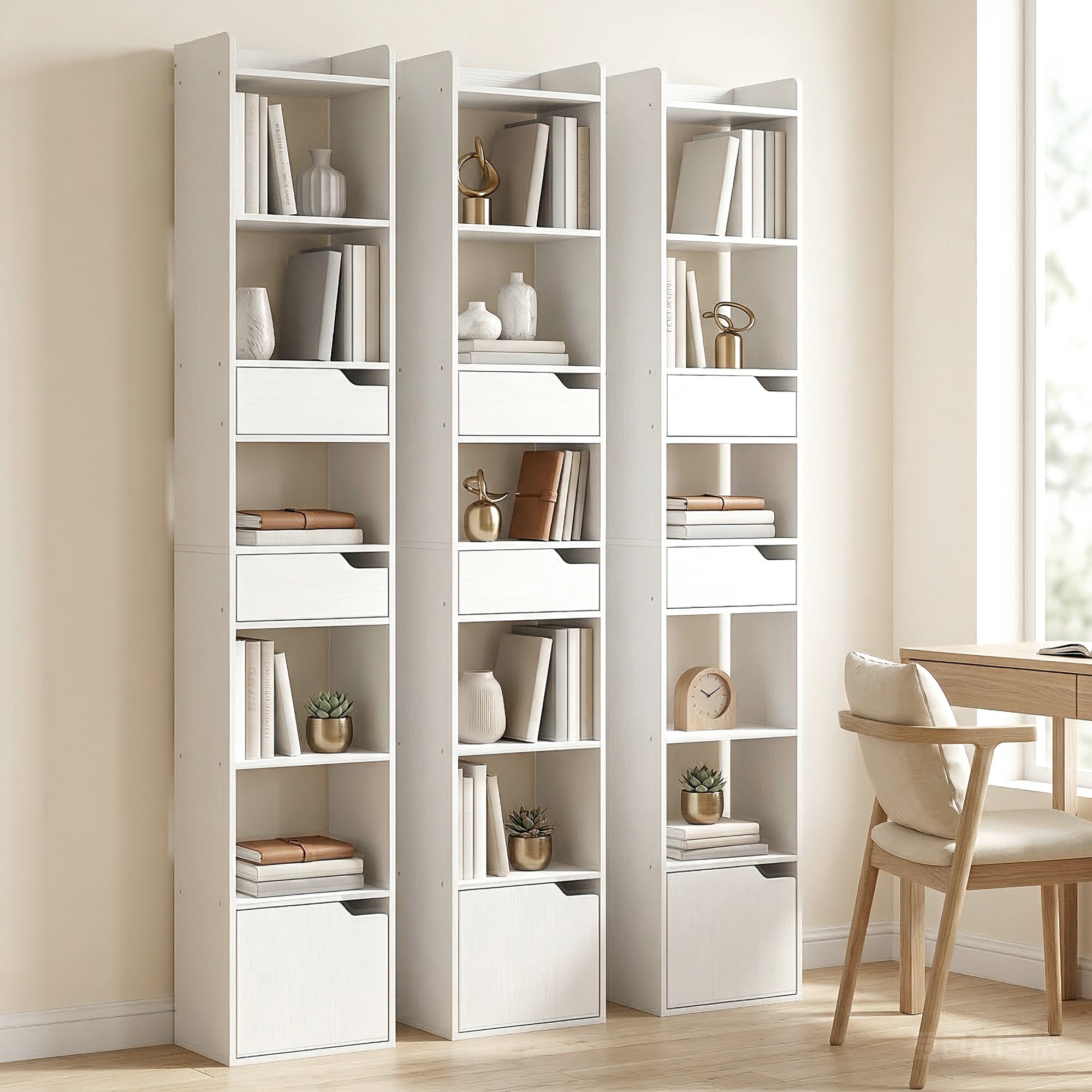 HOMCOM Bookcase Tall Narrow with 5 Tiers and Drawers Freestanding Bookshelf Storage Cabinet for Living Room White Wood Effect