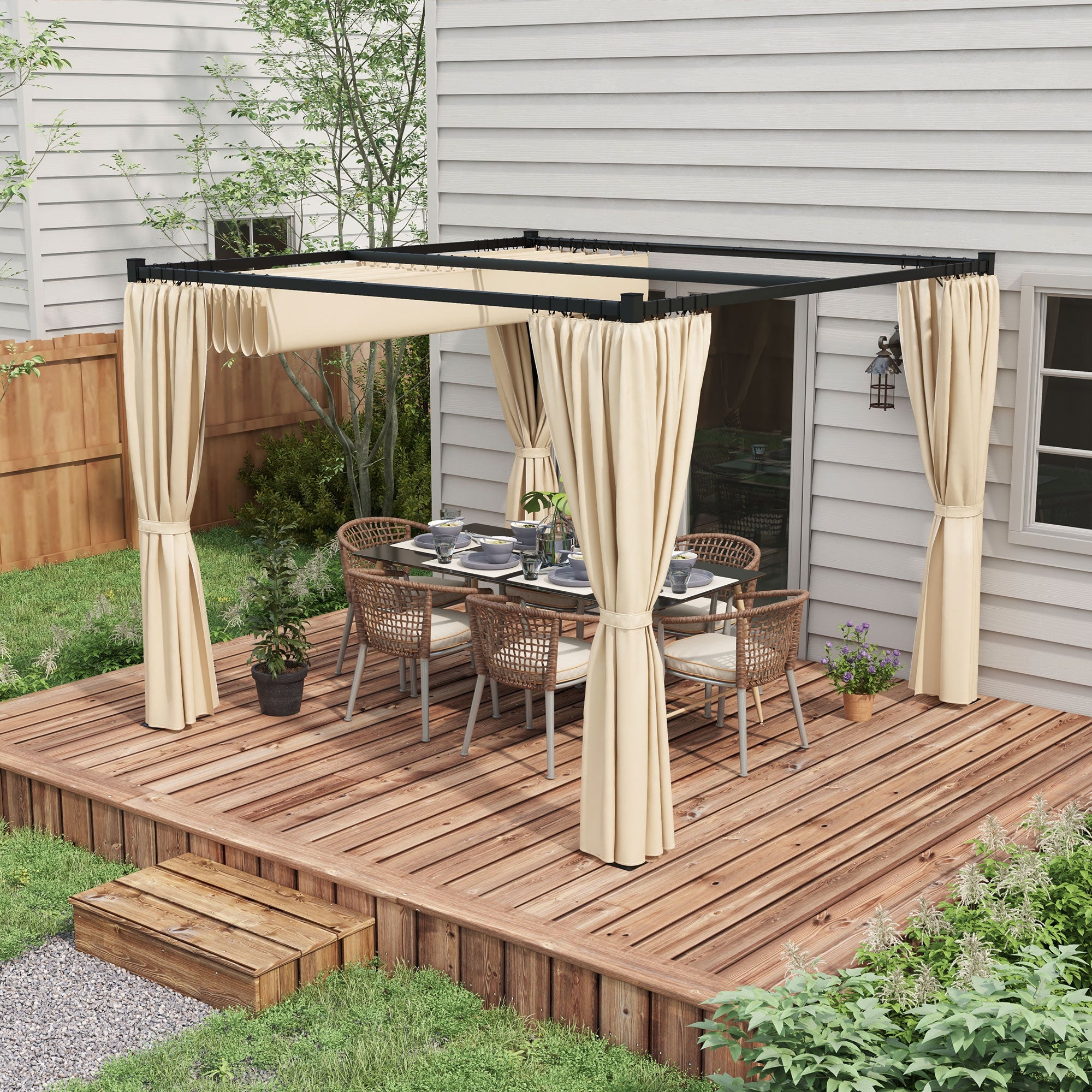 Outsunny 3 x 3(m) Retractable Pergola, Garden Gazebo Shelter with Curtains, for Grill, Patio, Deck, Beige - North Peak Garden Furniture