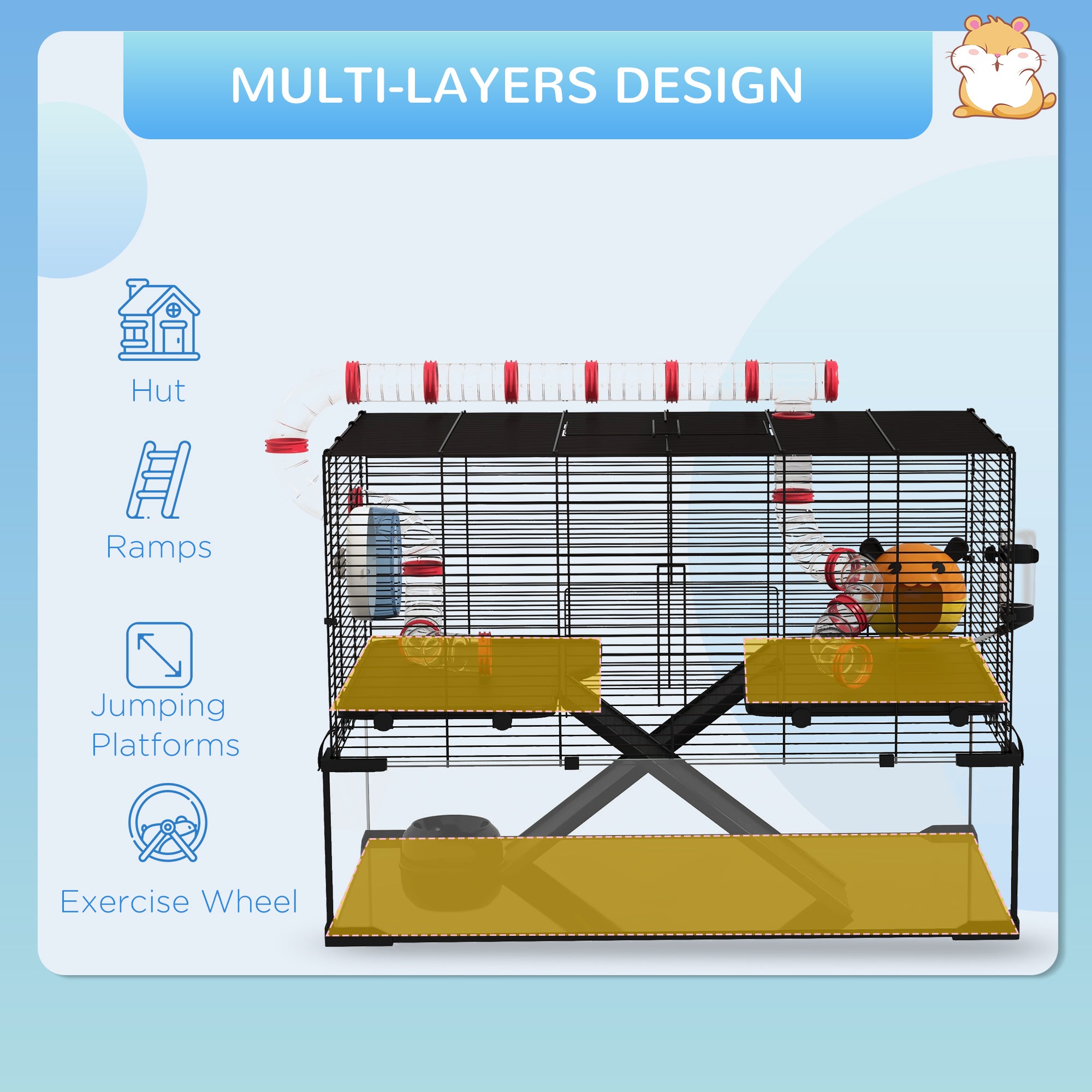 PawHut Gerbil Cage, Dwarf Hamster Cage, with Deep Glass Bottom, Tunnels, Ramps, Hut, Exercise Wheel, 78.5 x 48.5 x 57cm - North Peak Garden Furniture