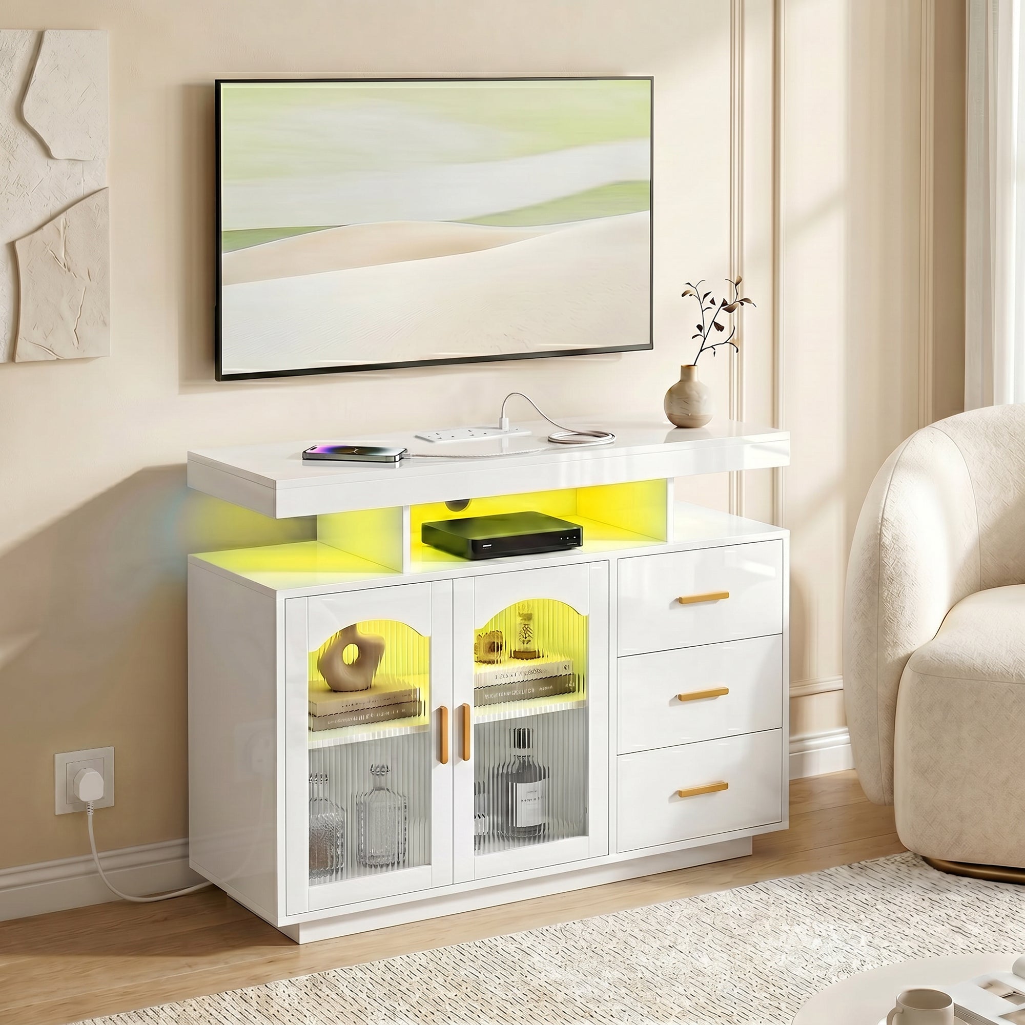 HOMCOM High Gloss Sideboard with LED Lights, Built-in Power Outlets, 3 Drawers, Shelves and 2 Acrylic Doors, White