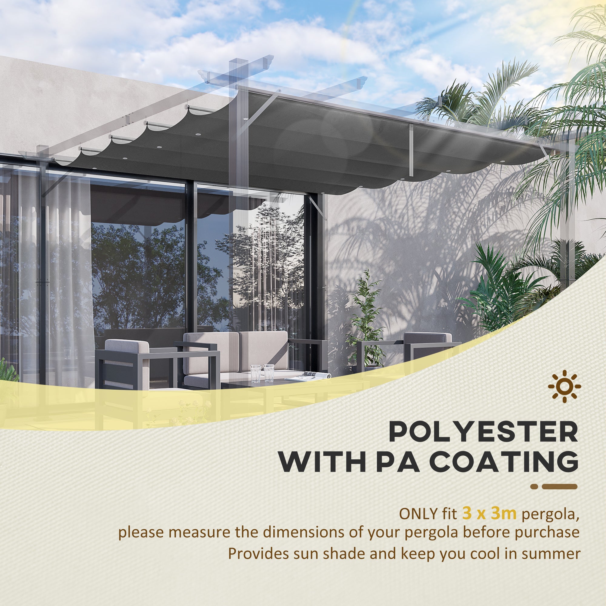Outsunny Retractable Pergola Shade Cover, Replacement Canopy Fabric for 3 x 3 (m) Pergola, Gazebo Retractable Roof, Dark Grey - North Peak Garden Furniture