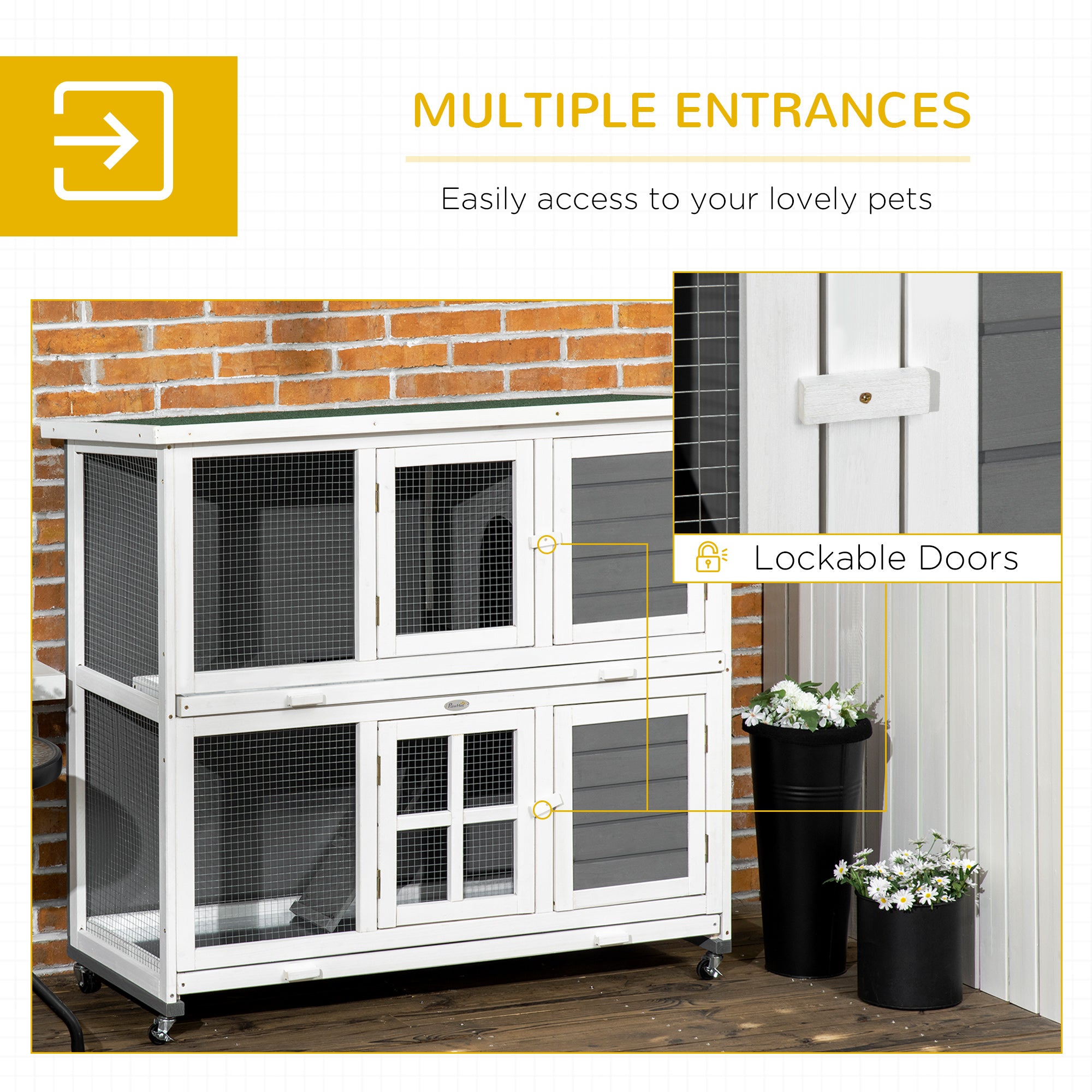 PawHut Wooden Rabbit Hutch, Two-Tier Guinea Pig Cage, with Removable Tray, Wheels - North Peak Garden Furniture