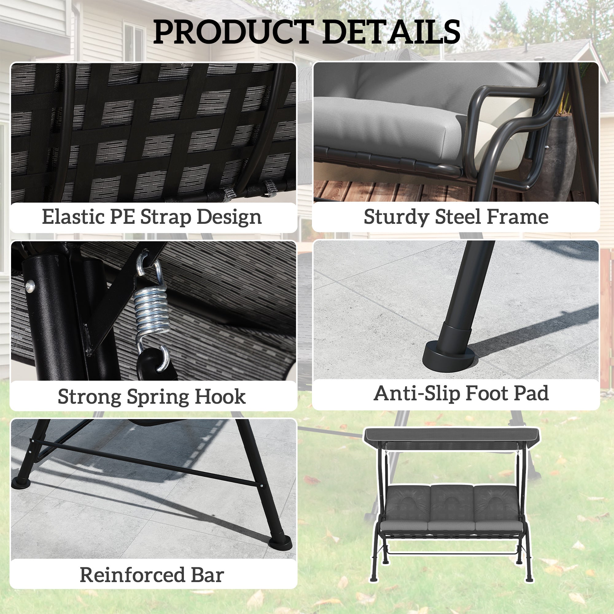 Outsunny 3-Seater Garden Swing Seat, Outdoor Swing Chair with Adjustable Waterproof Canopy, Light Grey