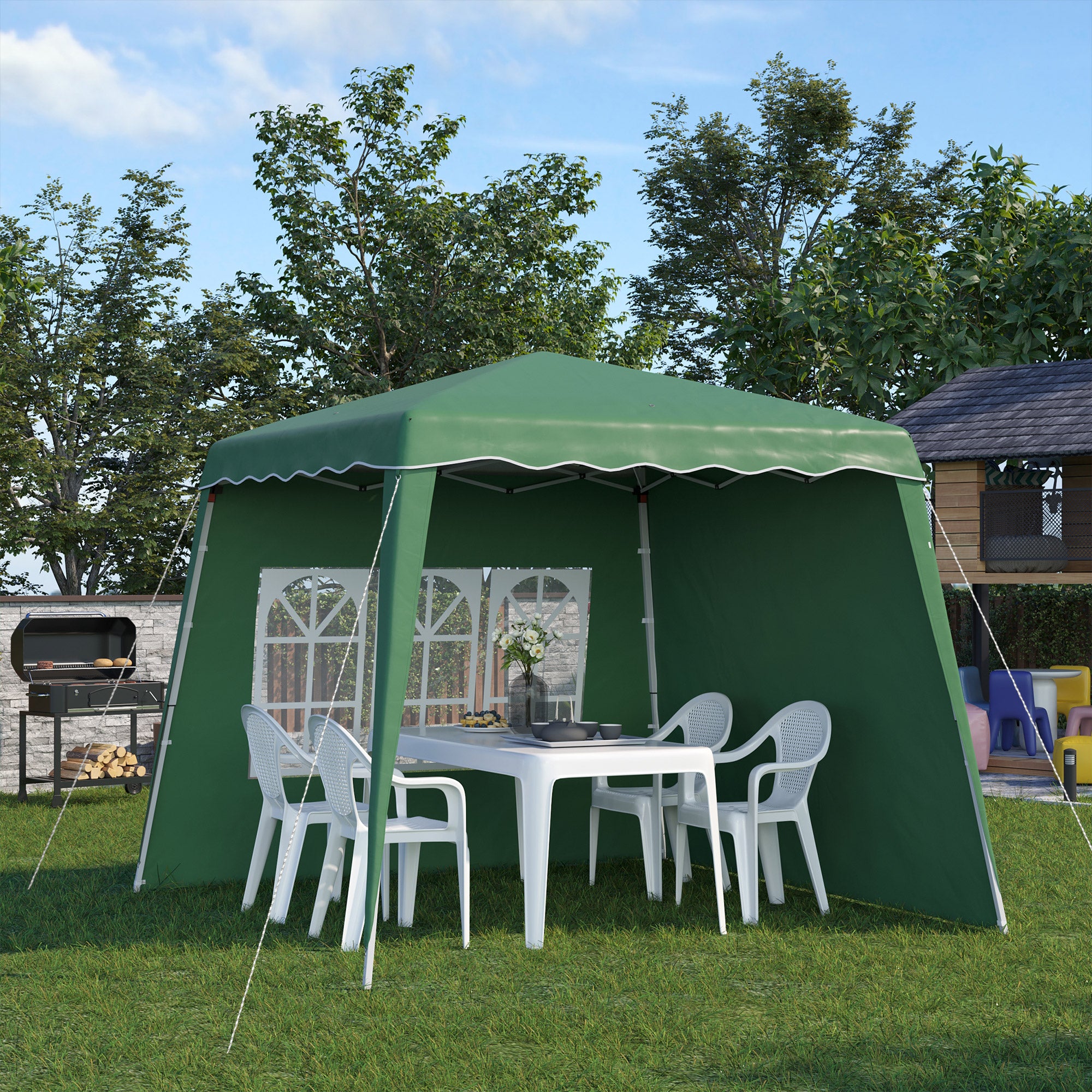 Outsunny Pop Up Gazebo Canopy Tent with 2 Sidewalls and Carry Bag, Height Adjustable, UV50+ Party Tent Event Shelter for Garden, Patio, 2.4 x 2.4m Top / 2.9 x 2.9m Base, Green - North Peak Garden Furniture