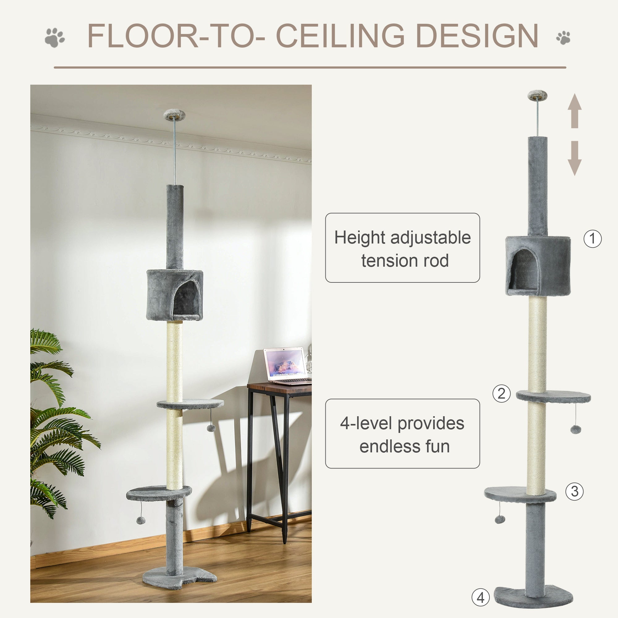 PawHut Floor to Ceiling Cat Tree for Indoor Cats, Kitten Tower, Condo, Multi-Layer Activity Center, Indoor Pet Play House with Solid Scratching Post Hanging Balls, Light Grey - North Peak Garden Furniture
