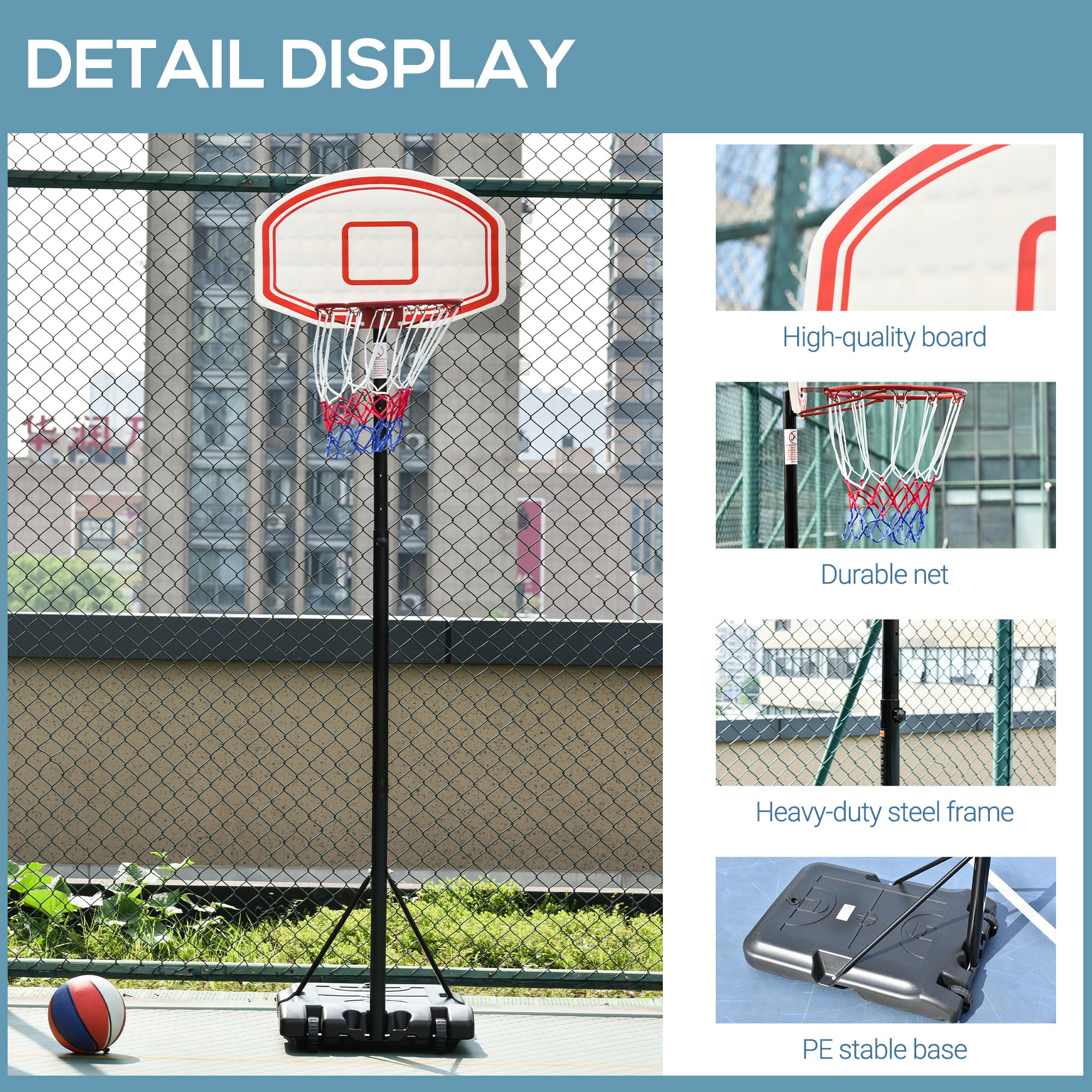 HOMCOM Portable Basketball Stand 175-215cm Adjustable Height Sturdy Rim Hoop w/ Large Wheels Stable Base Net Free Standing - North Peak Garden Furniture