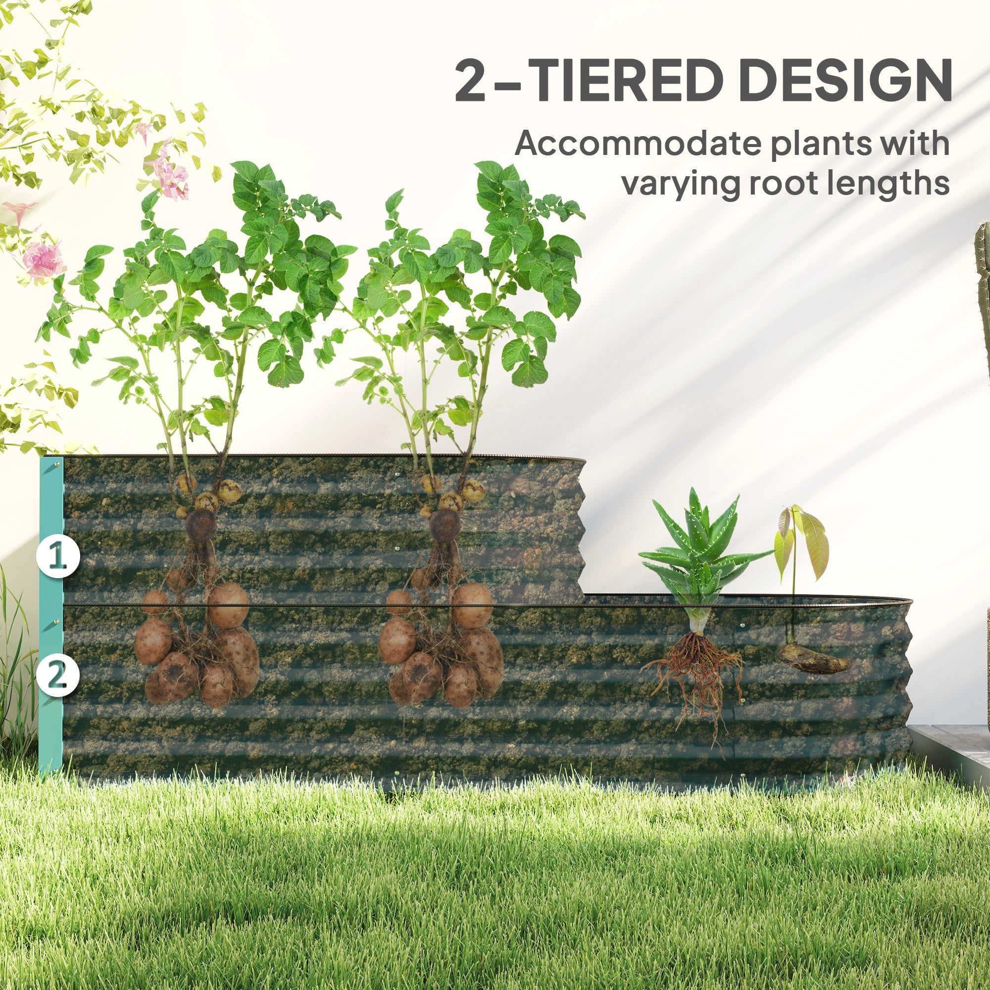 Outsunny Two-Tier Galvanised Steel Garden Planter - Dark Green - North Peak Garden Furniture