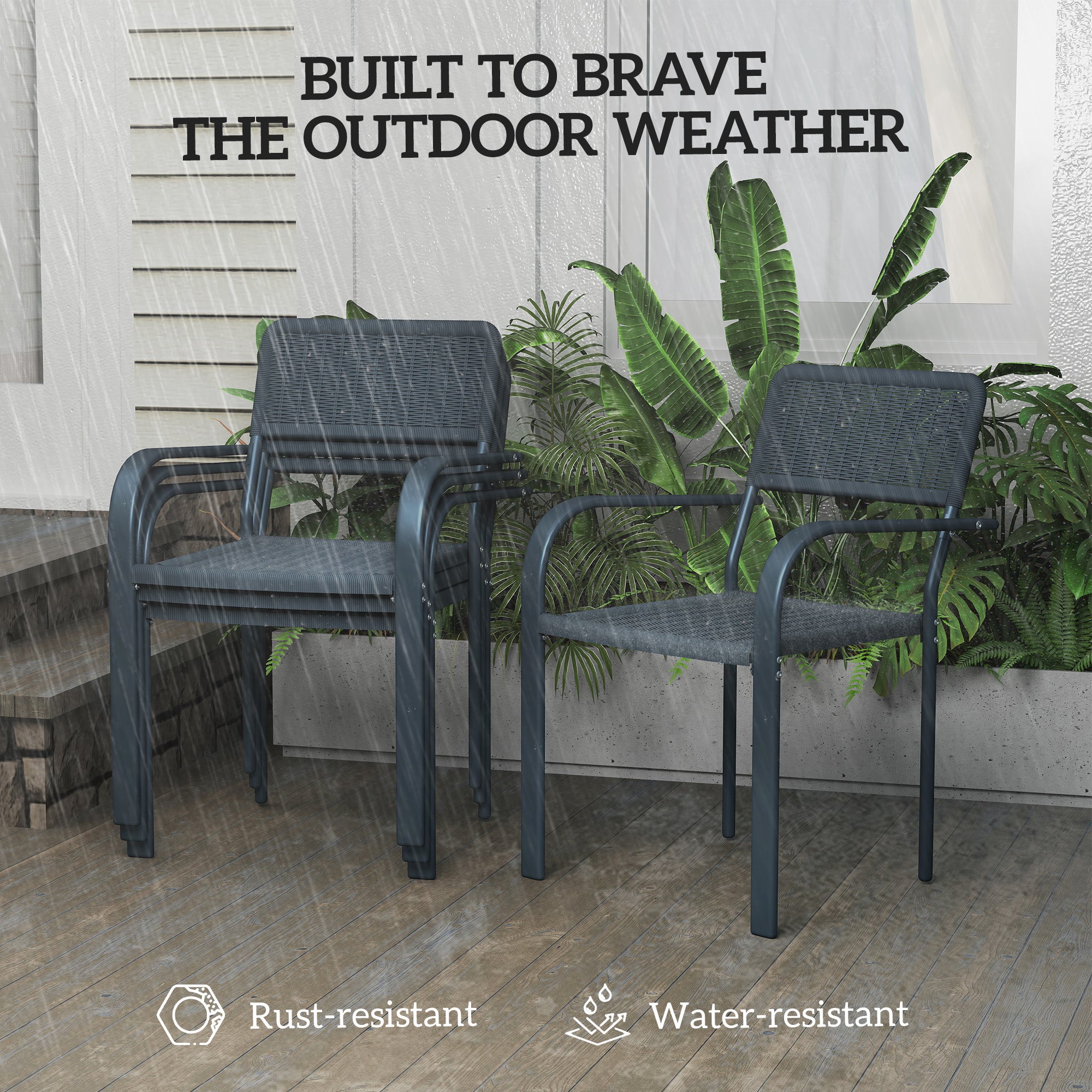 Outsunny Garden Chairs Set of 4, Stackable Rattan Effect Dining Chairs with Armrest, Weather Resistant and Lightweight Outdoor Furniture Armchairs for Patio, Balcony, Terrace, Dark Grey - North Peak Garden Furniture