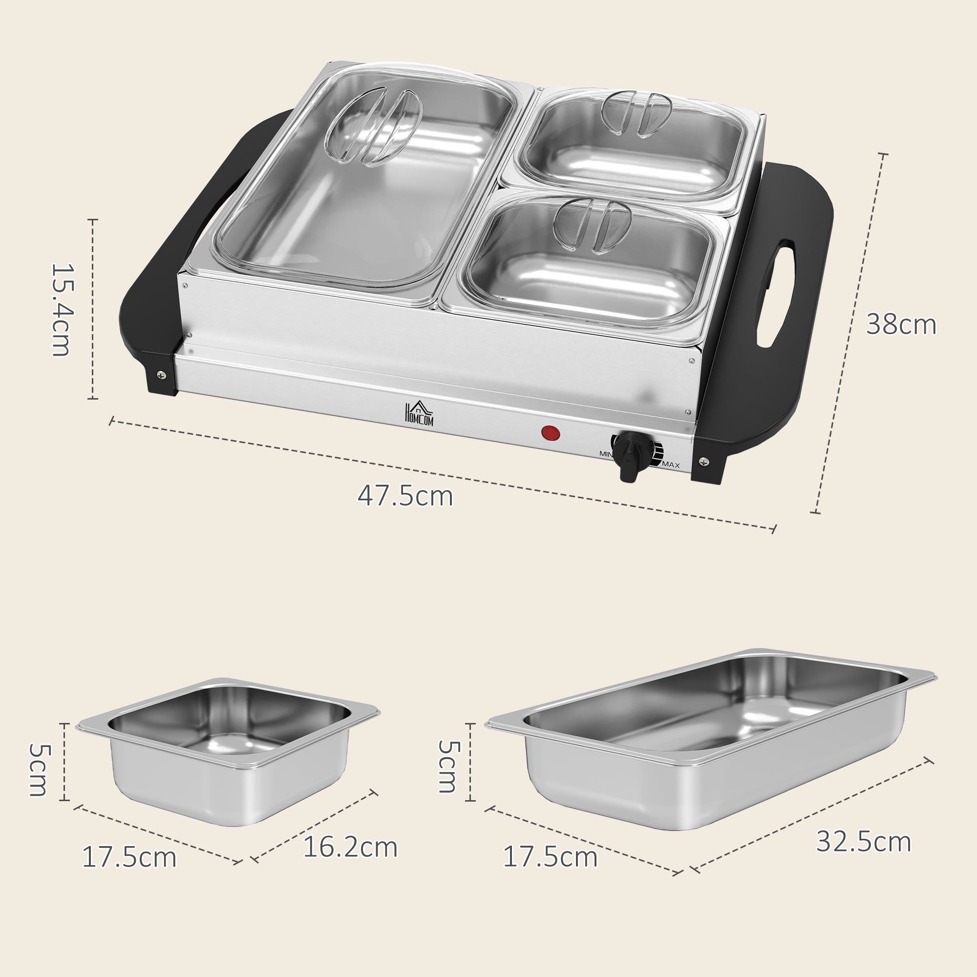 HOMCOM 4.5L Stainless Steel Electric Buffet Server, with 3x Trays and Lids, Set of 2
