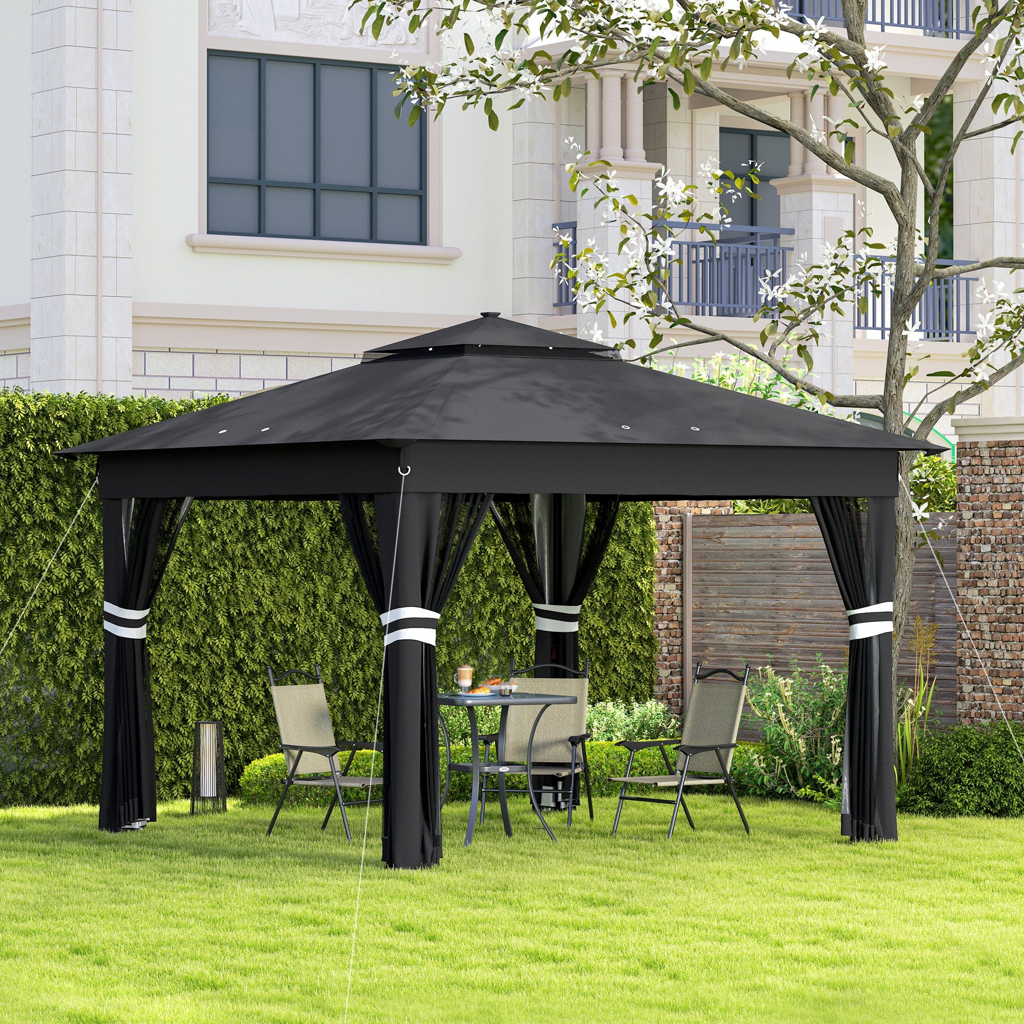 Outsunny 3 x 3(m) Pop Up Gazebo Party Tent with Solar-Powered LED Lights, Adjustable Event Shelter with Netting, Black - North Peak Garden Furniture
