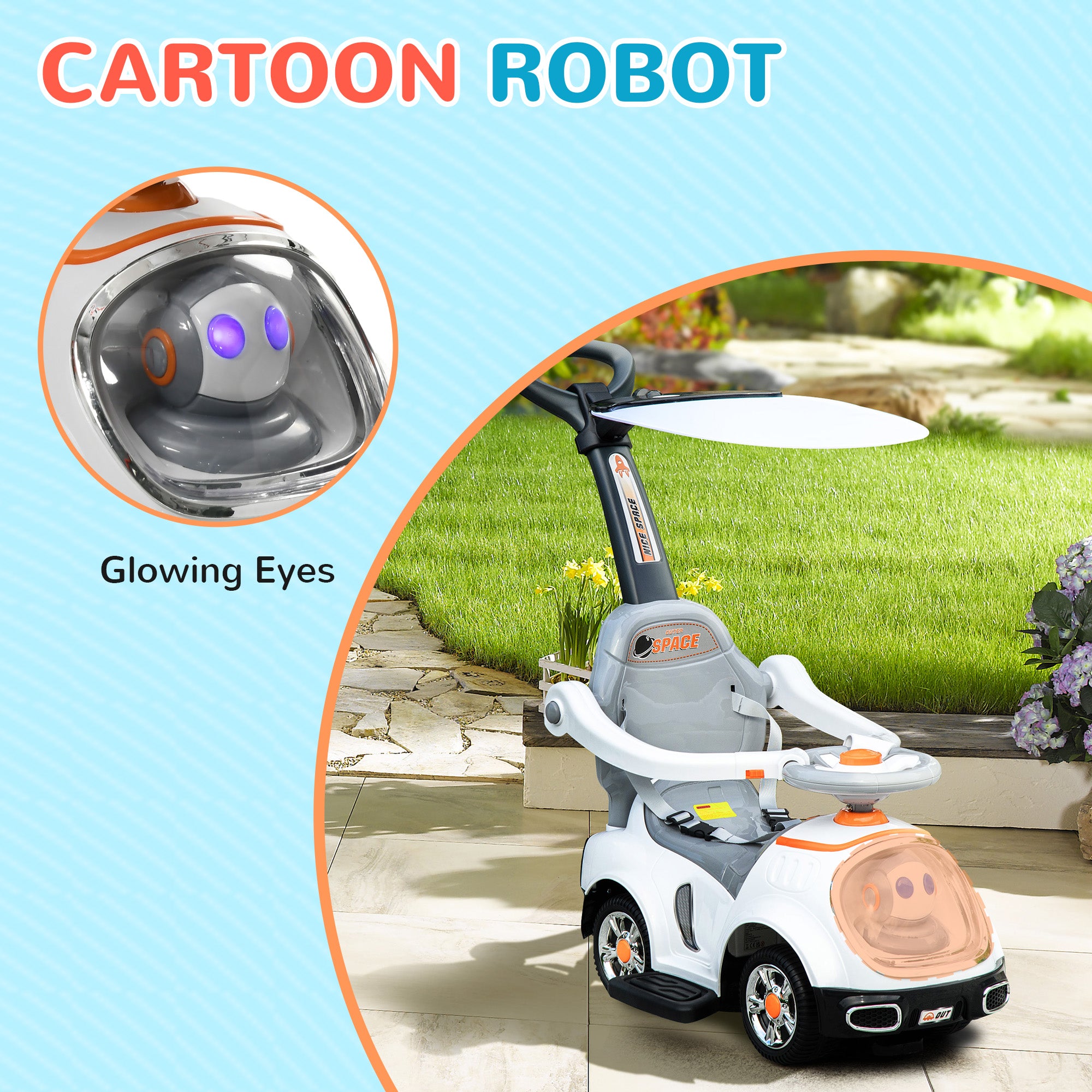 AIYAPLAY 3 in 1 Ride on Push Car, Cartoon Robot Theme Foot to Floor Slider w/ Handle Light Music Horn, Storage - White