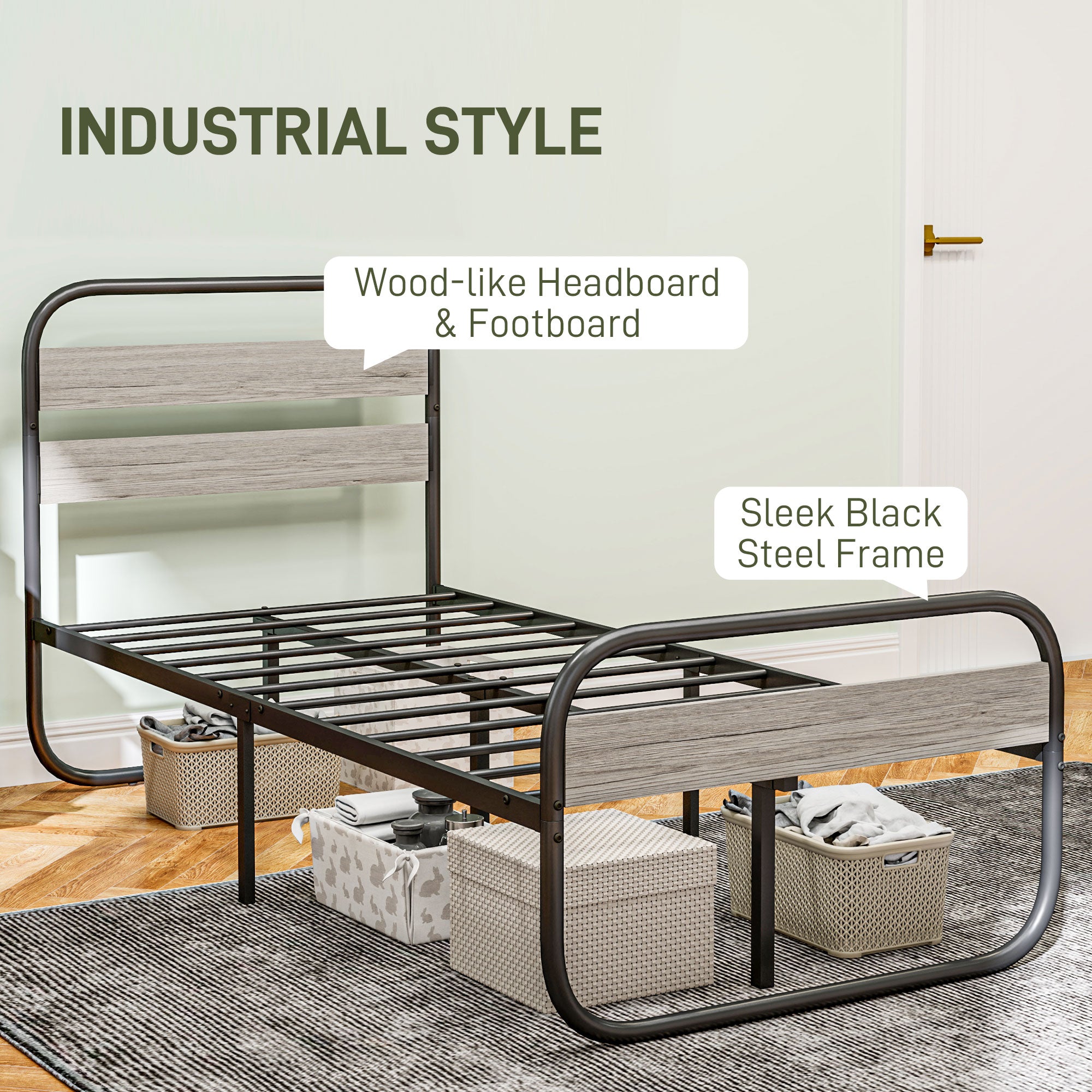 HOMCOM 3ft Single Bed Frame, Industrial Style Metal Platform Bed Frame with Under Bed Storage, No Box Spring Needed, Easy Assembly, Grey - North Peak Garden Furniture
