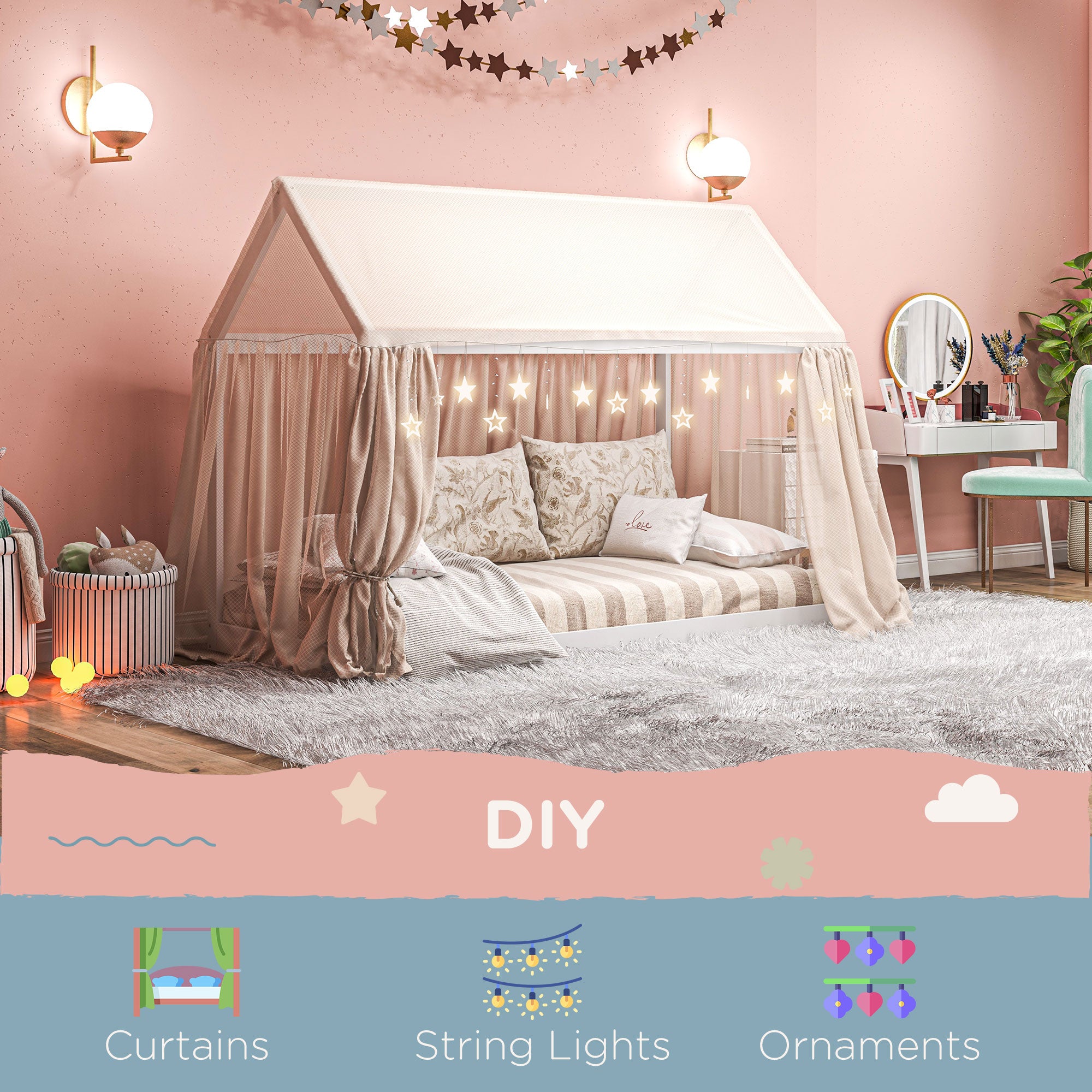 HOMCOM Single Bed Frame, House Scandinavian Style Wooden Bed Frame for 90W x 190Dcm Mattress, Pine Wood Bed Base, White - North Peak Garden Furniture